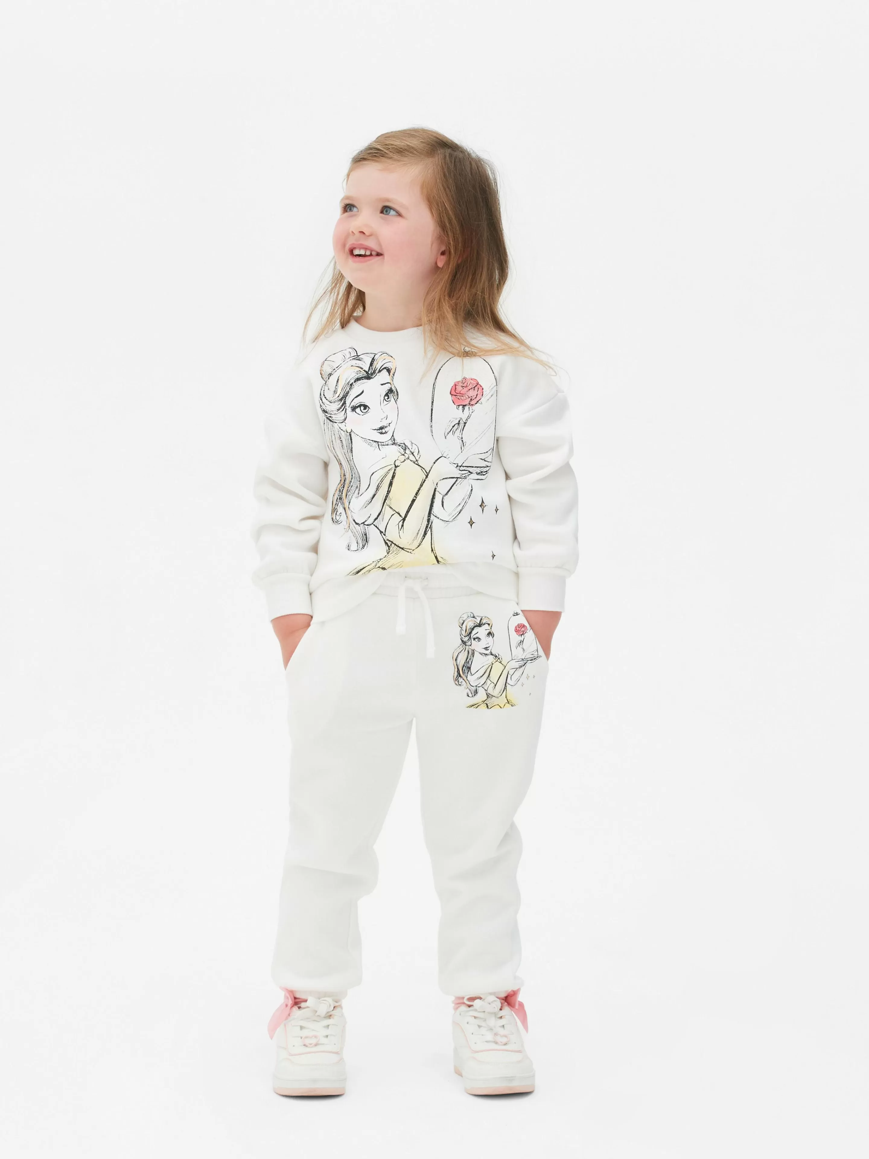 Disney Bella e la Bestia Pantaloni Sportivi Eleganti in Bianco - Completo Coordinato Primavera/Estivo by Primark, Comodo per Allenamento e Stile Casual 

(：，。、、，。)