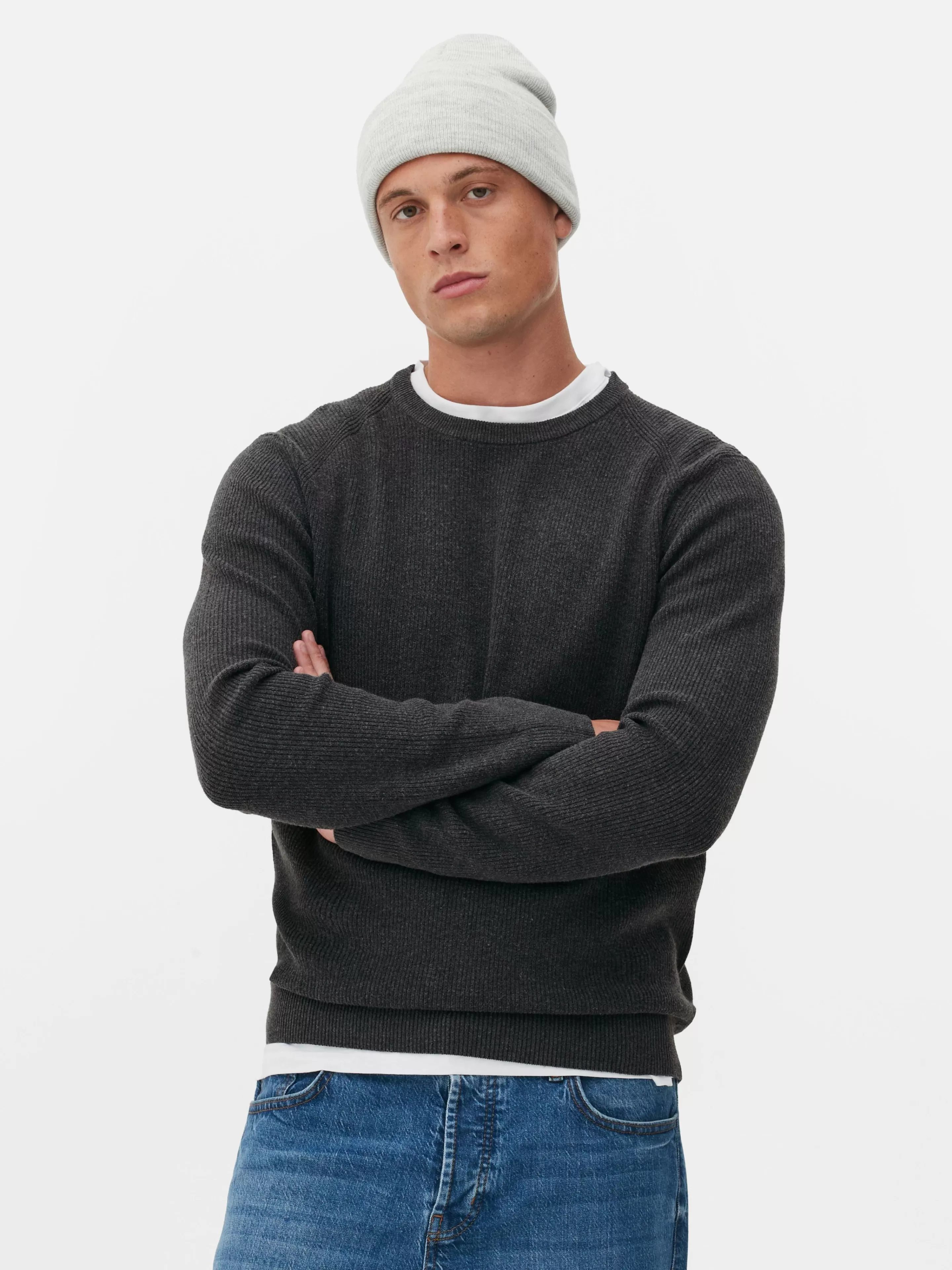 Primark Maglione Invernale a Coste con Scollo Rotondo - Lana Morbida Grigio Antracite, Ideale per Stagioni Fredde