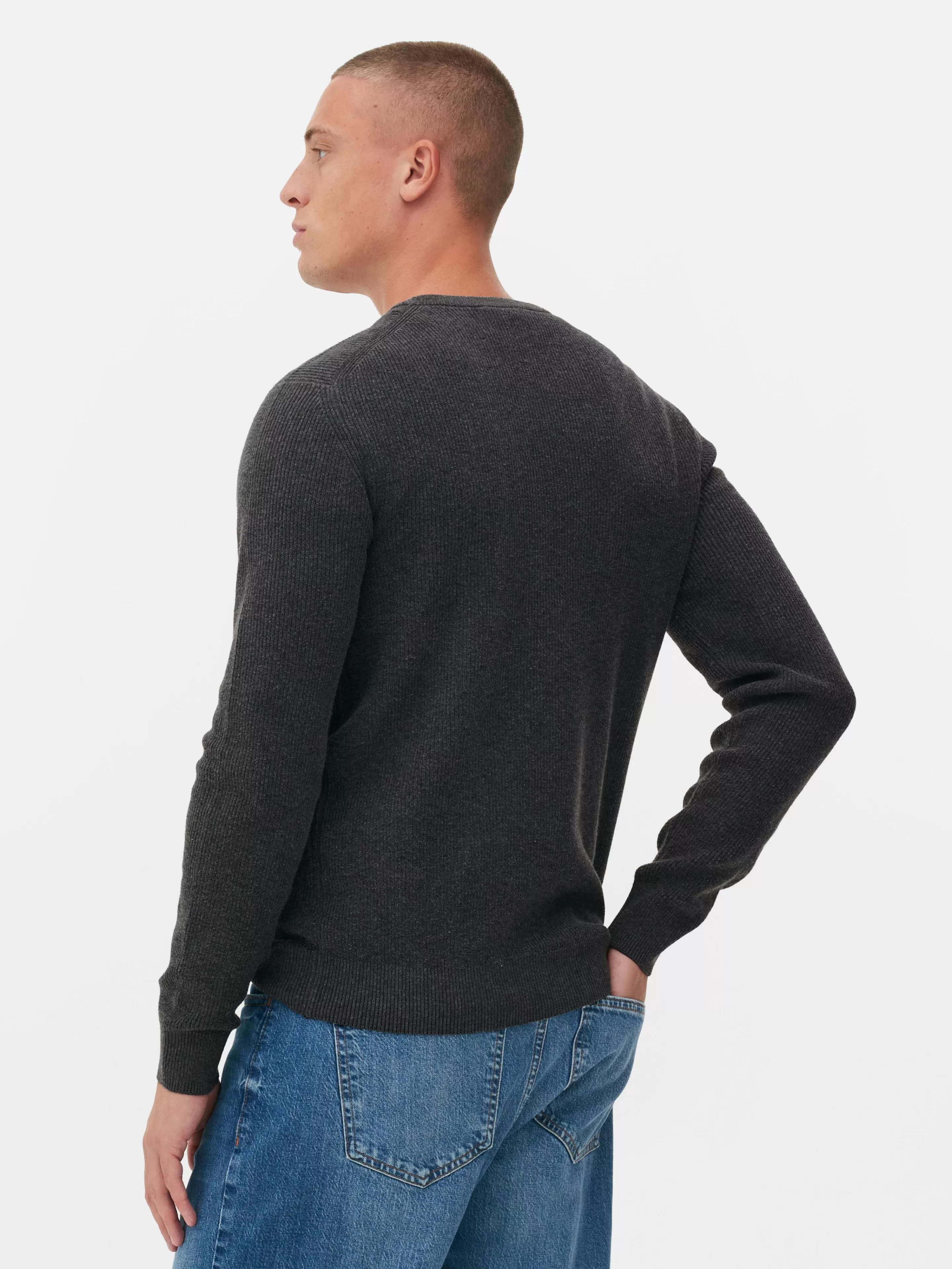 Primark Maglione Invernale a Coste con Scollo Rotondo - Lana Morbida Grigio Antracite, Ideale per Stagioni Fredde