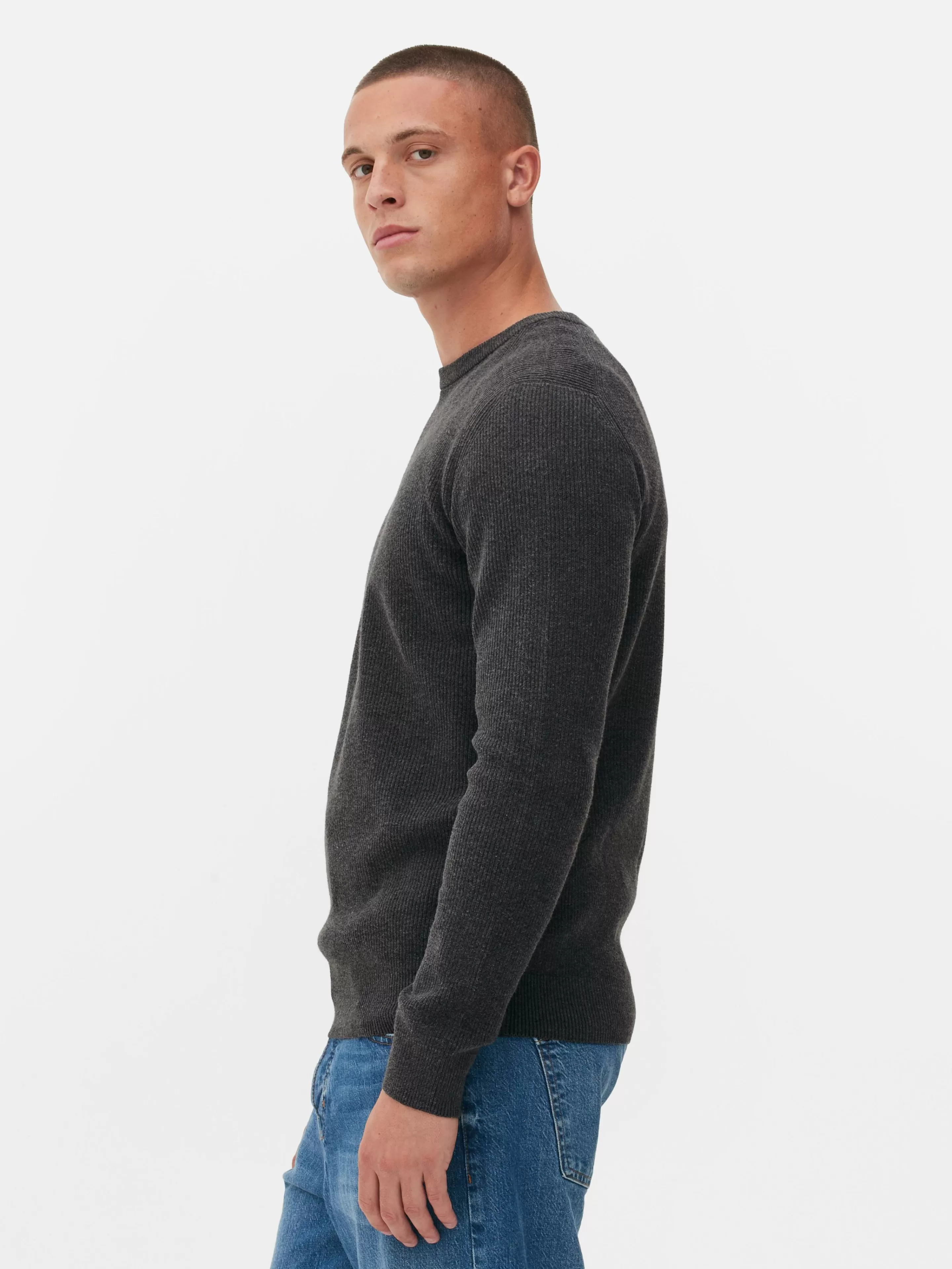 Primark Maglione Invernale a Coste con Scollo Rotondo - Lana Morbida Grigio Antracite, Ideale per Stagioni Fredde