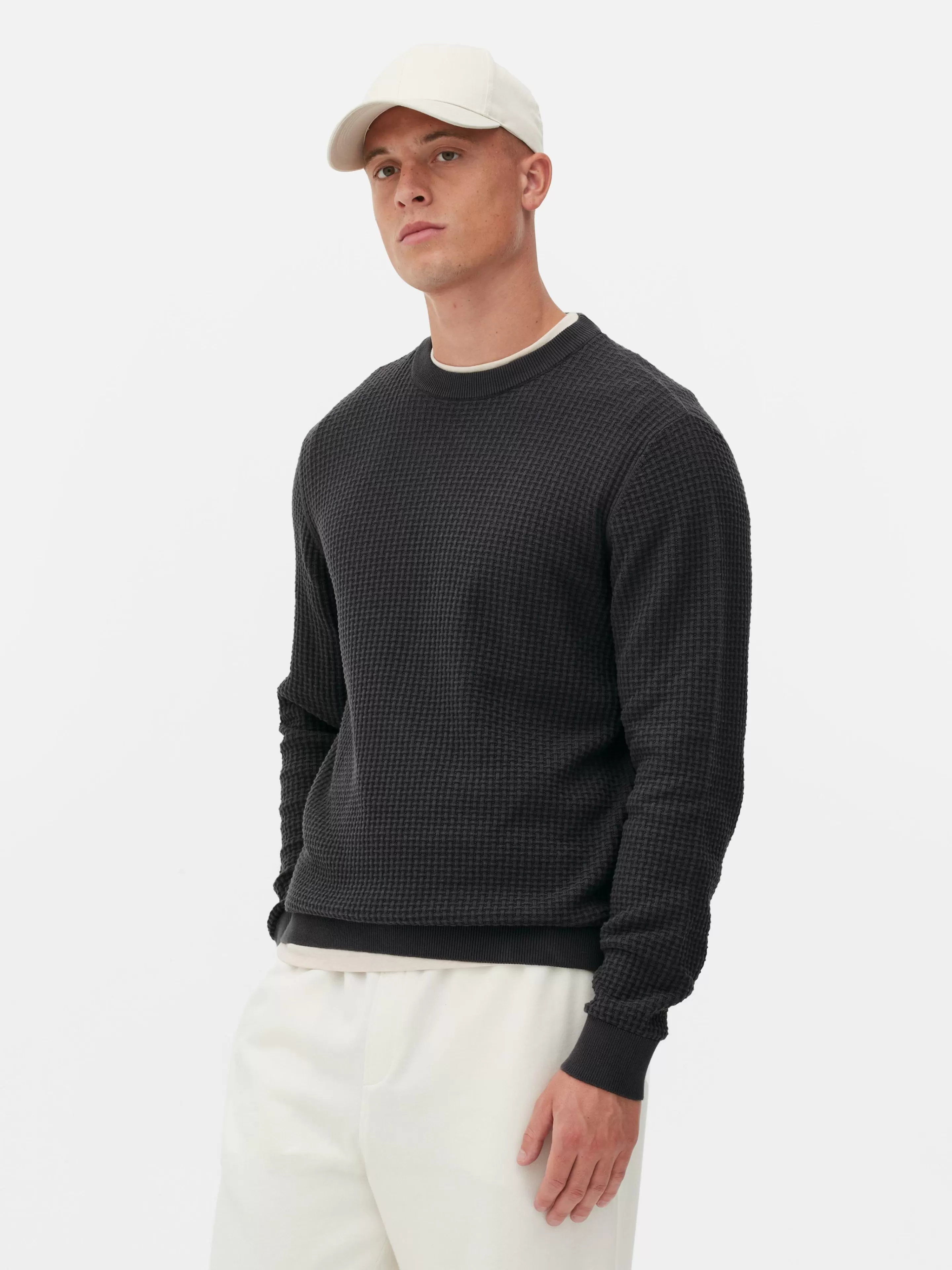 Primark Maglione Casual con Scollo Tondo in Maglia Traforata - Grigio Antracite