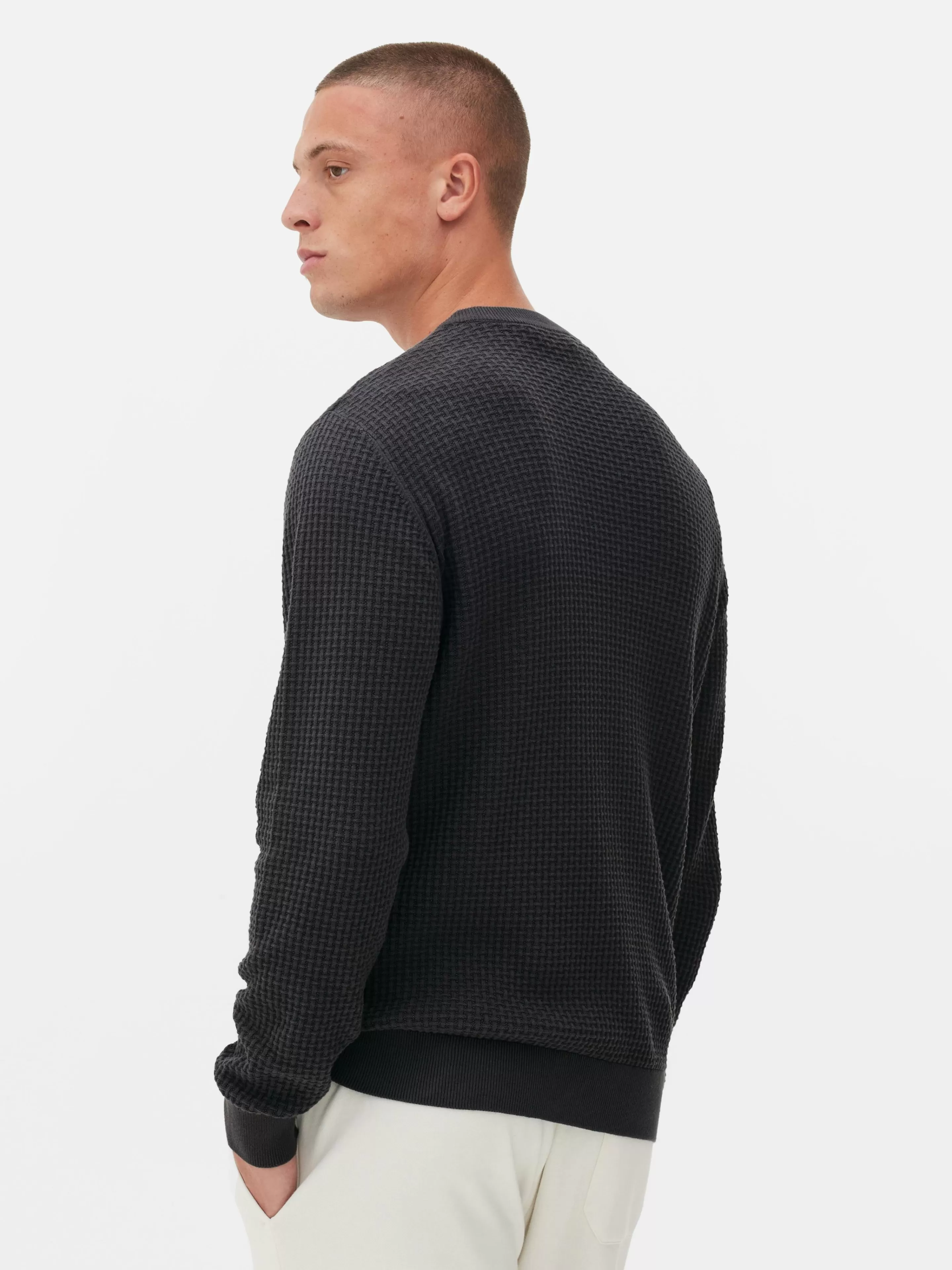 Primark Maglione Casual con Scollo Tondo in Maglia Traforata - Grigio Antracite