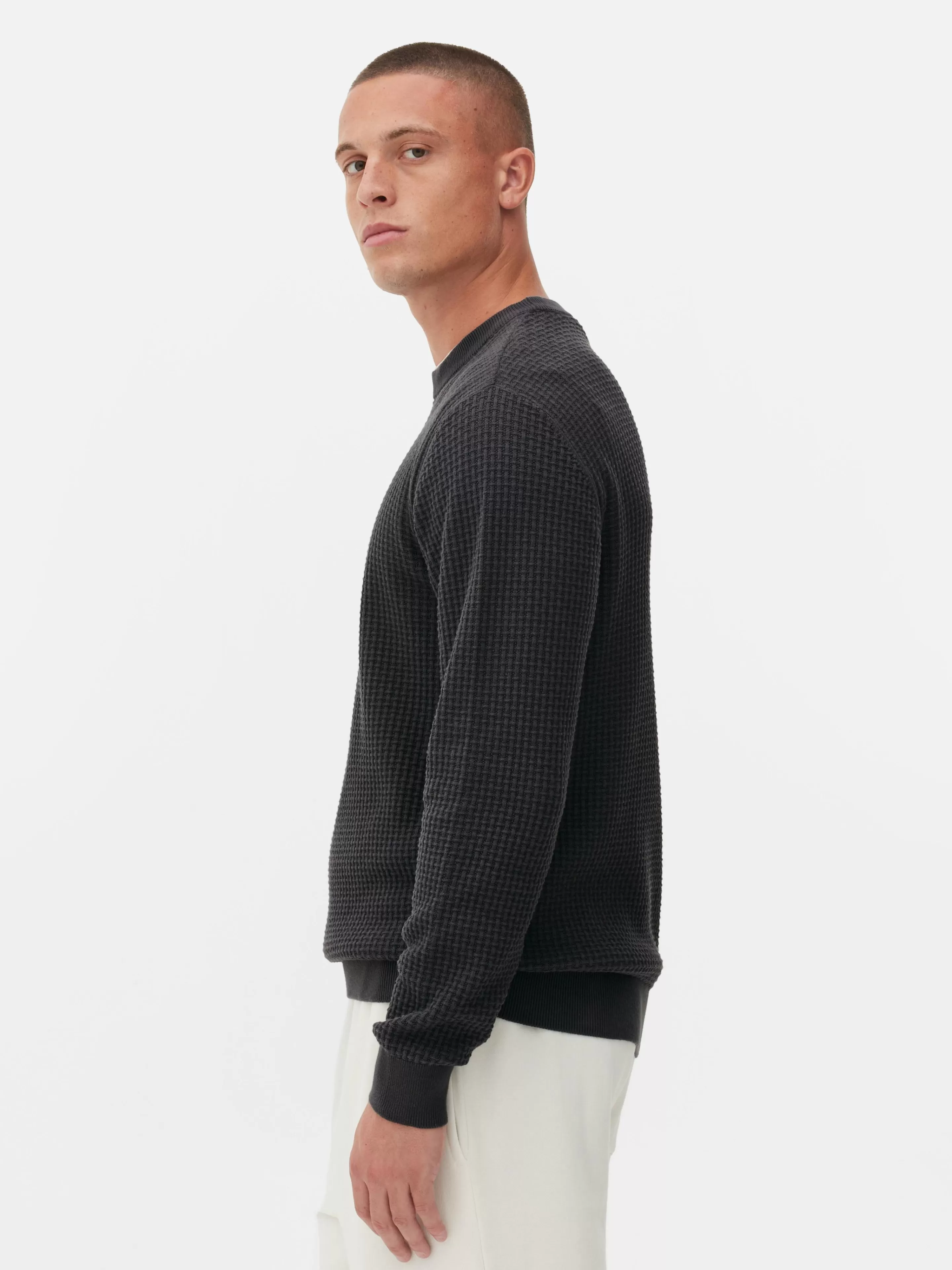 Primark Maglione Casual con Scollo Tondo in Maglia Traforata - Grigio Antracite