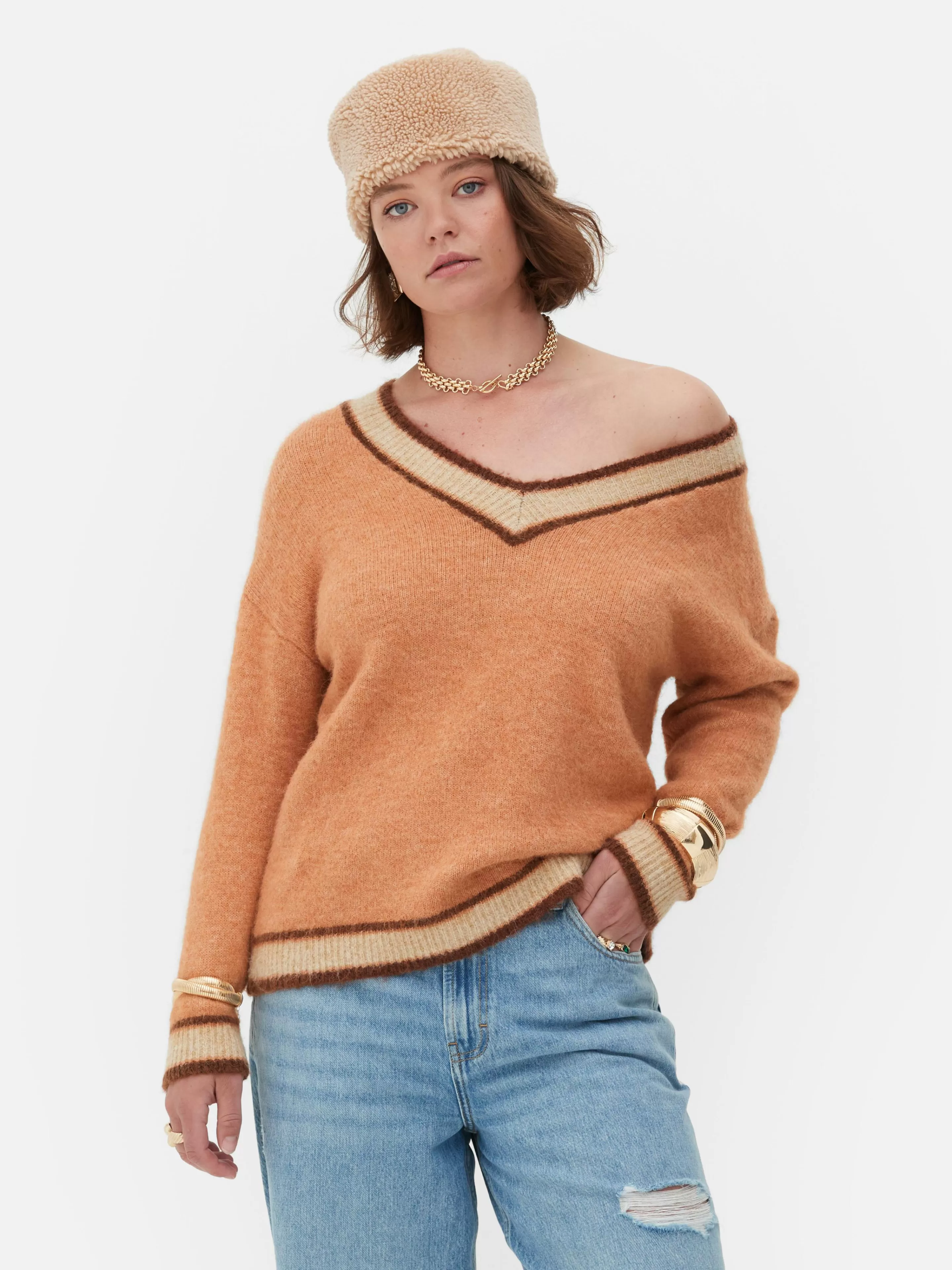 Intimo Maglieria Invernale | Pullover con Scollo a V Stile Retrò Rita Ora - Tinta Pesca Accogliente Primark 

(Con dettagli di allacciatura originale per look unici)