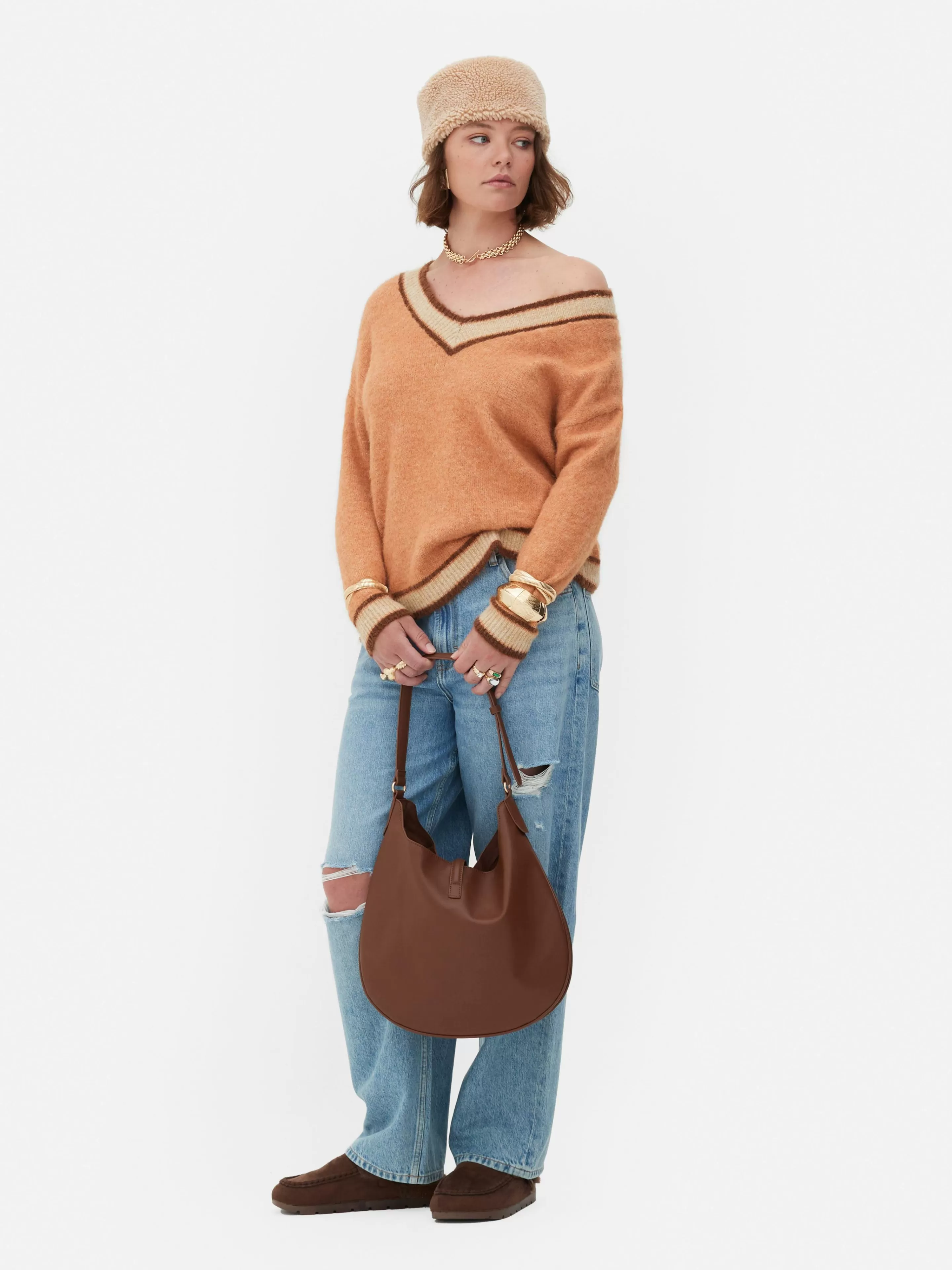 Intimo Maglieria Invernale | Pullover con Scollo a V Stile Retrò Rita Ora - Tinta Pesca Accogliente Primark 

(Con dettagli di allacciatura originale per look unici)