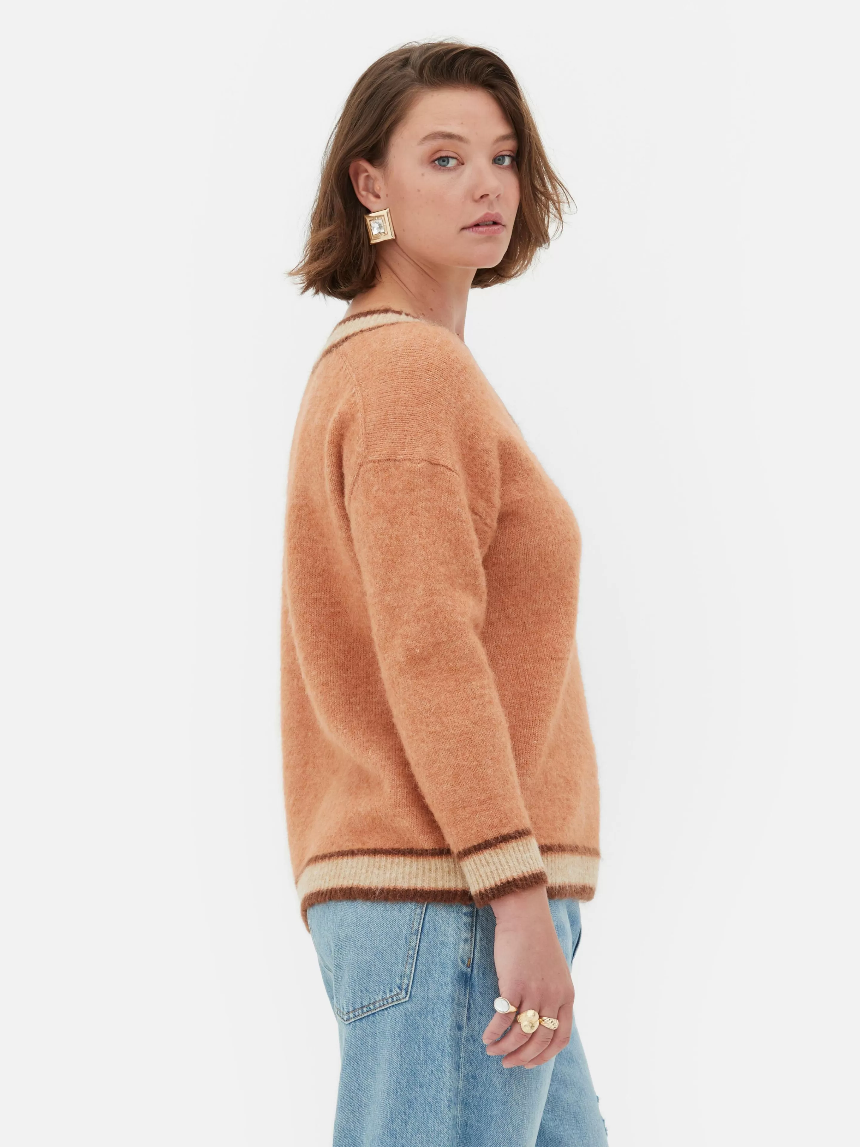 Intimo Maglieria Invernale | Pullover con Scollo a V Stile Retrò Rita Ora - Tinta Pesca Accogliente Primark 

(Con dettagli di allacciatura originale per look unici)