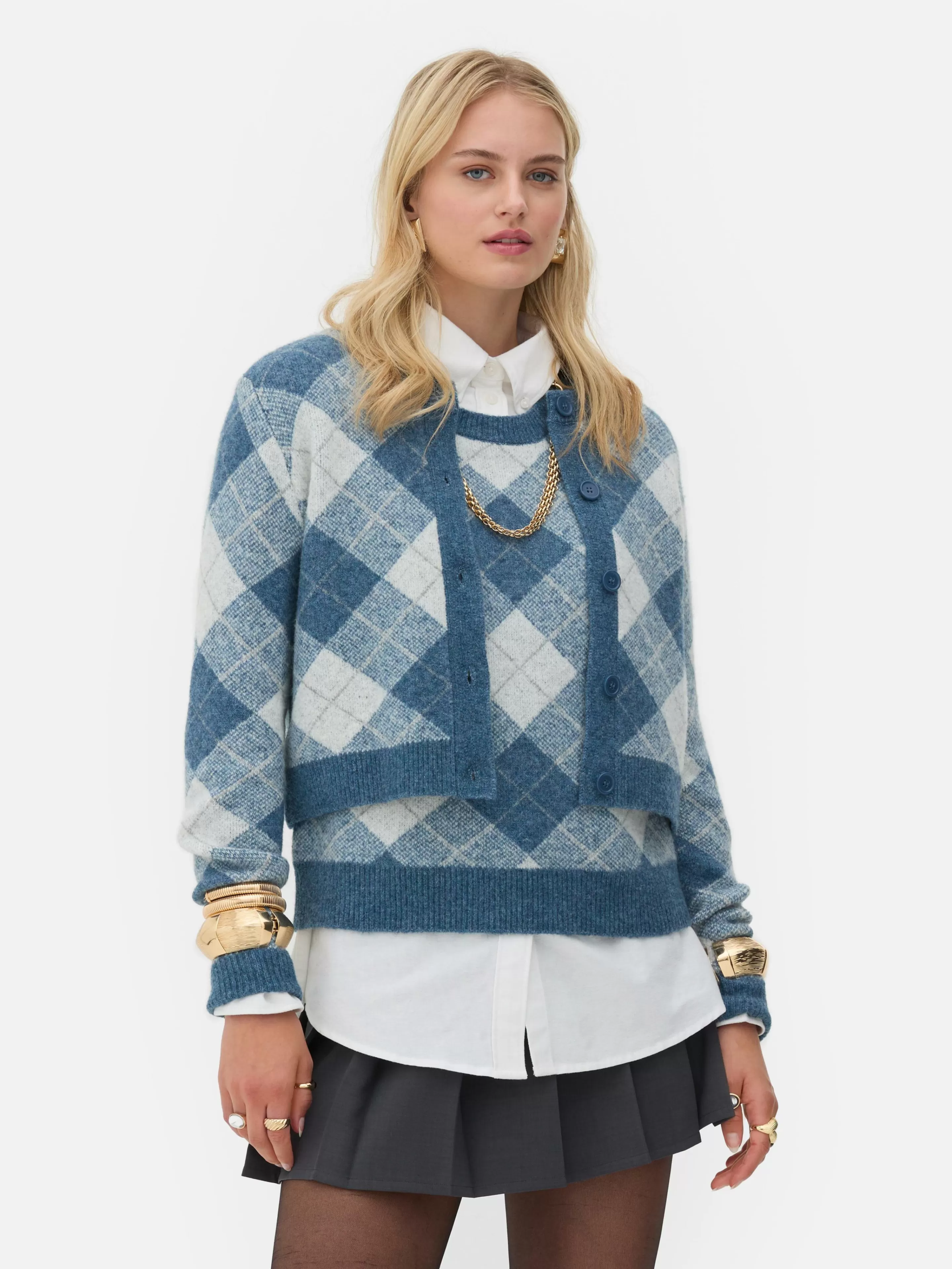 Maglioni e Giacche Invernali Coordinati | Set a Maglia con Motivo Argyle di Rita Ora per Primark | Blu Acciaio