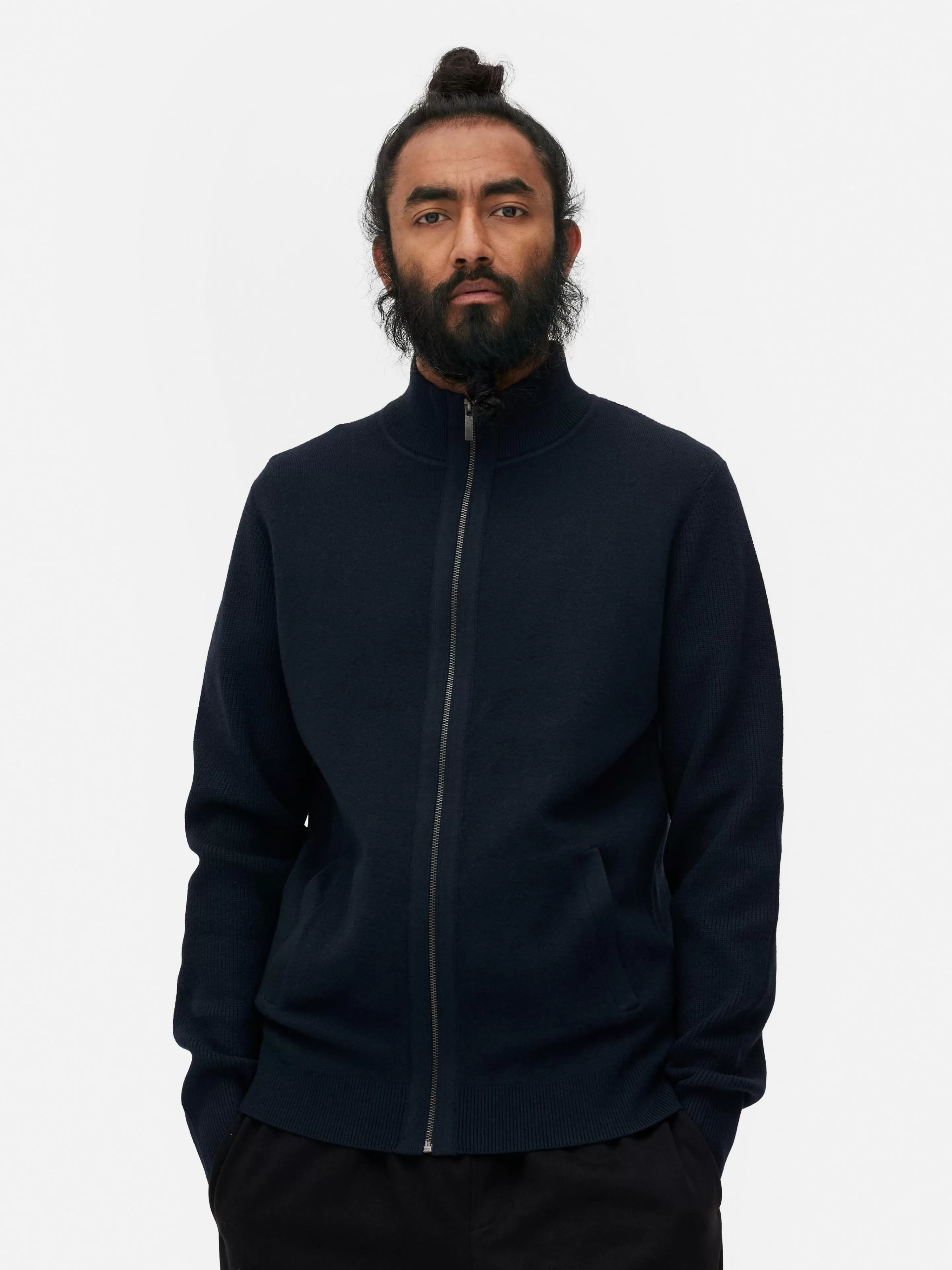 Primark - Cappotto in Maglia con Cerniera - Blu Marino Stilizzato per Stagioni Fredde