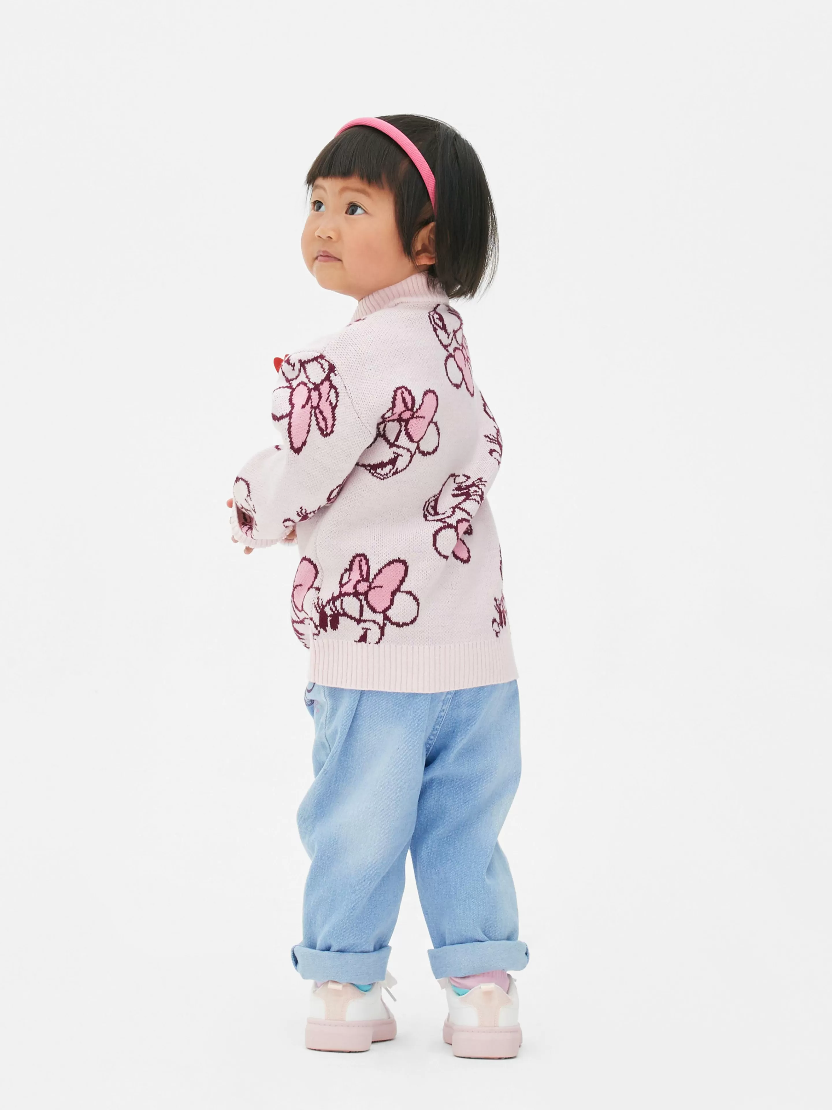 Completo Autunno 2023: Cardigan in Maglia Morbida + Jeans a Vita Cinta con Fiocco - Design Disney Minnie Rosa Confetto - Coordinato Donna Casual