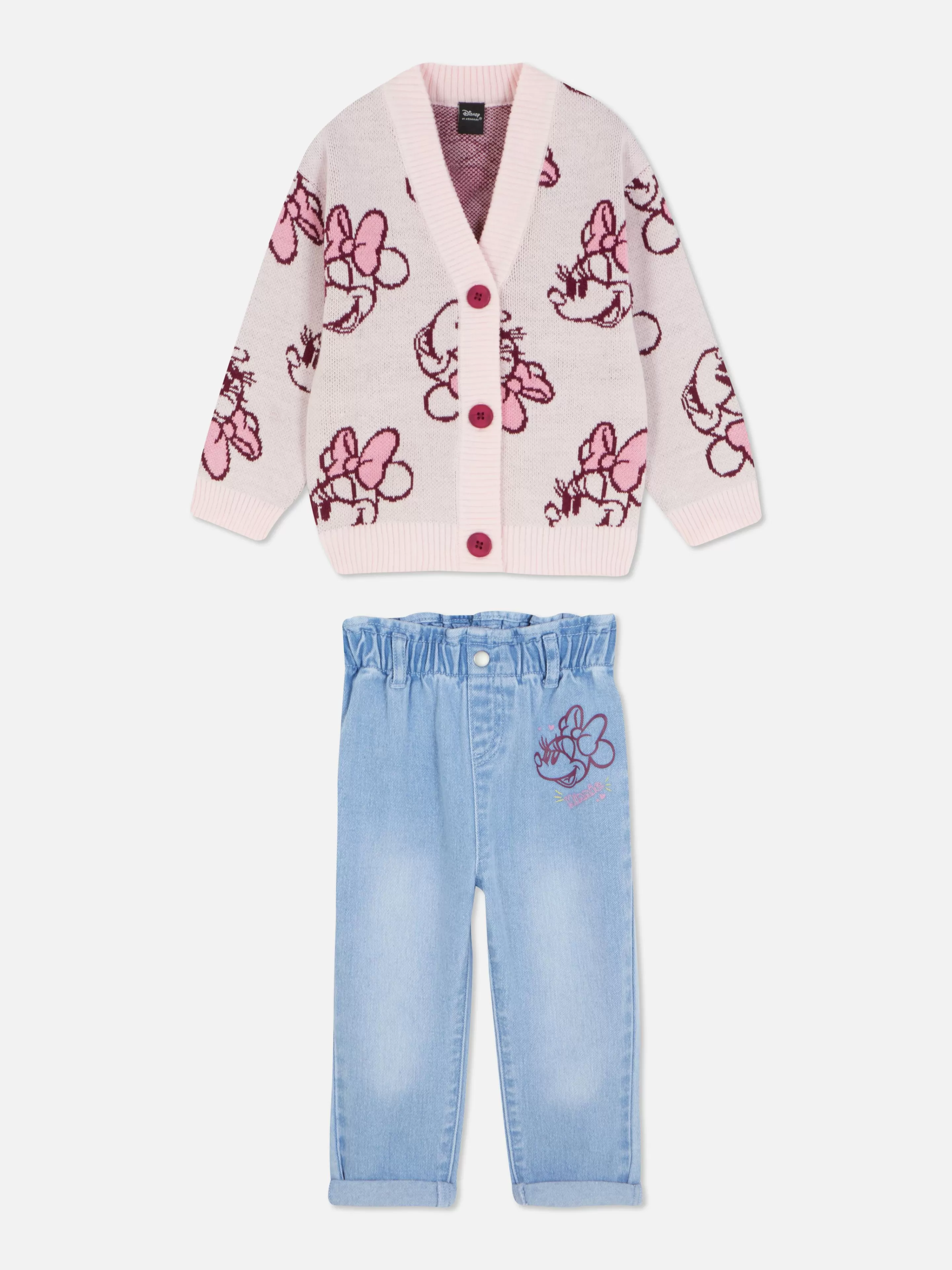 Completo Autunno 2023: Cardigan in Maglia Morbida + Jeans a Vita Cinta con Fiocco - Design Disney Minnie Rosa Confetto - Coordinato Donna Casual