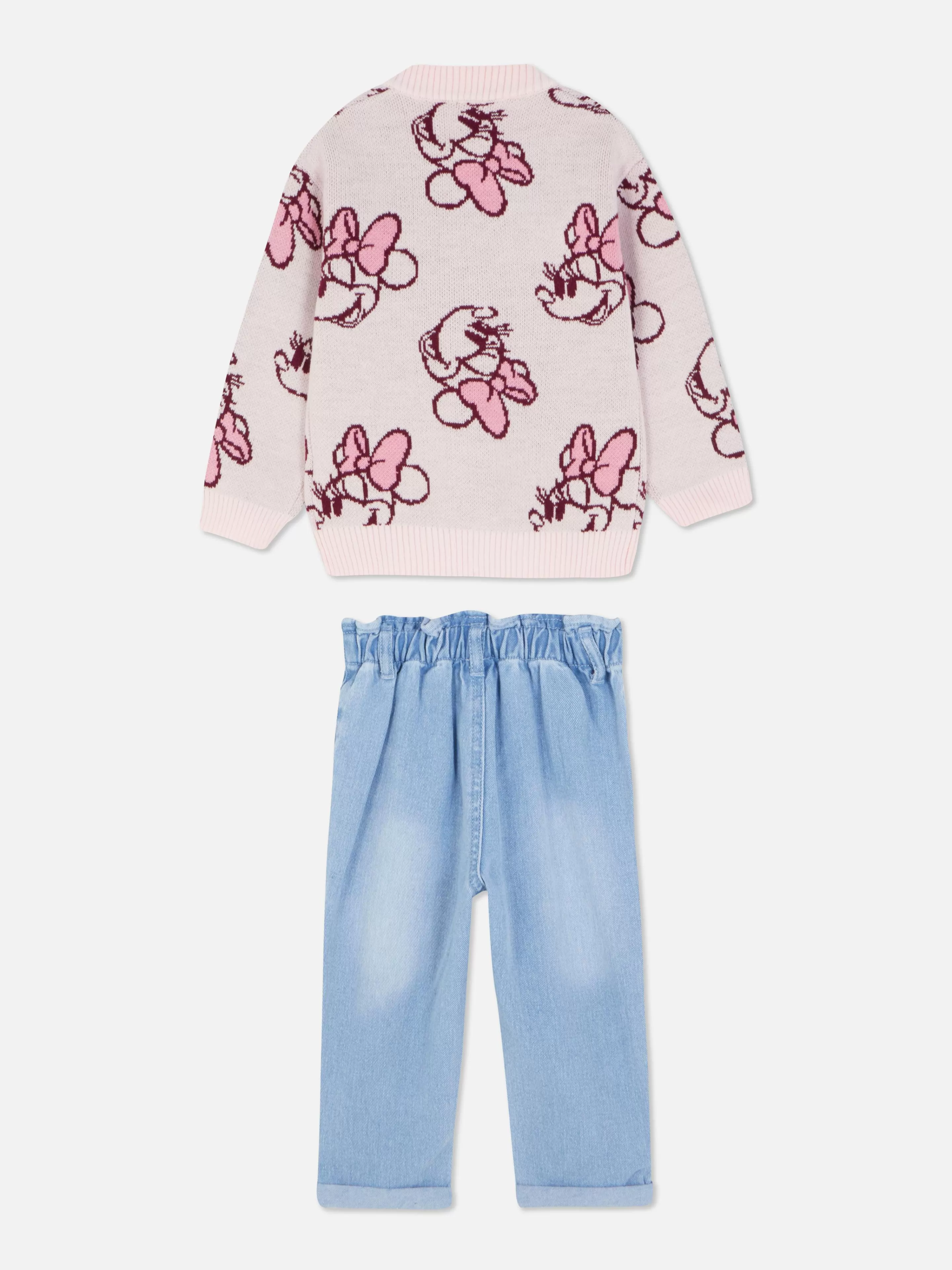 Completo Autunno 2023: Cardigan in Maglia Morbida + Jeans a Vita Cinta con Fiocco - Design Disney Minnie Rosa Confetto - Coordinato Donna Casual