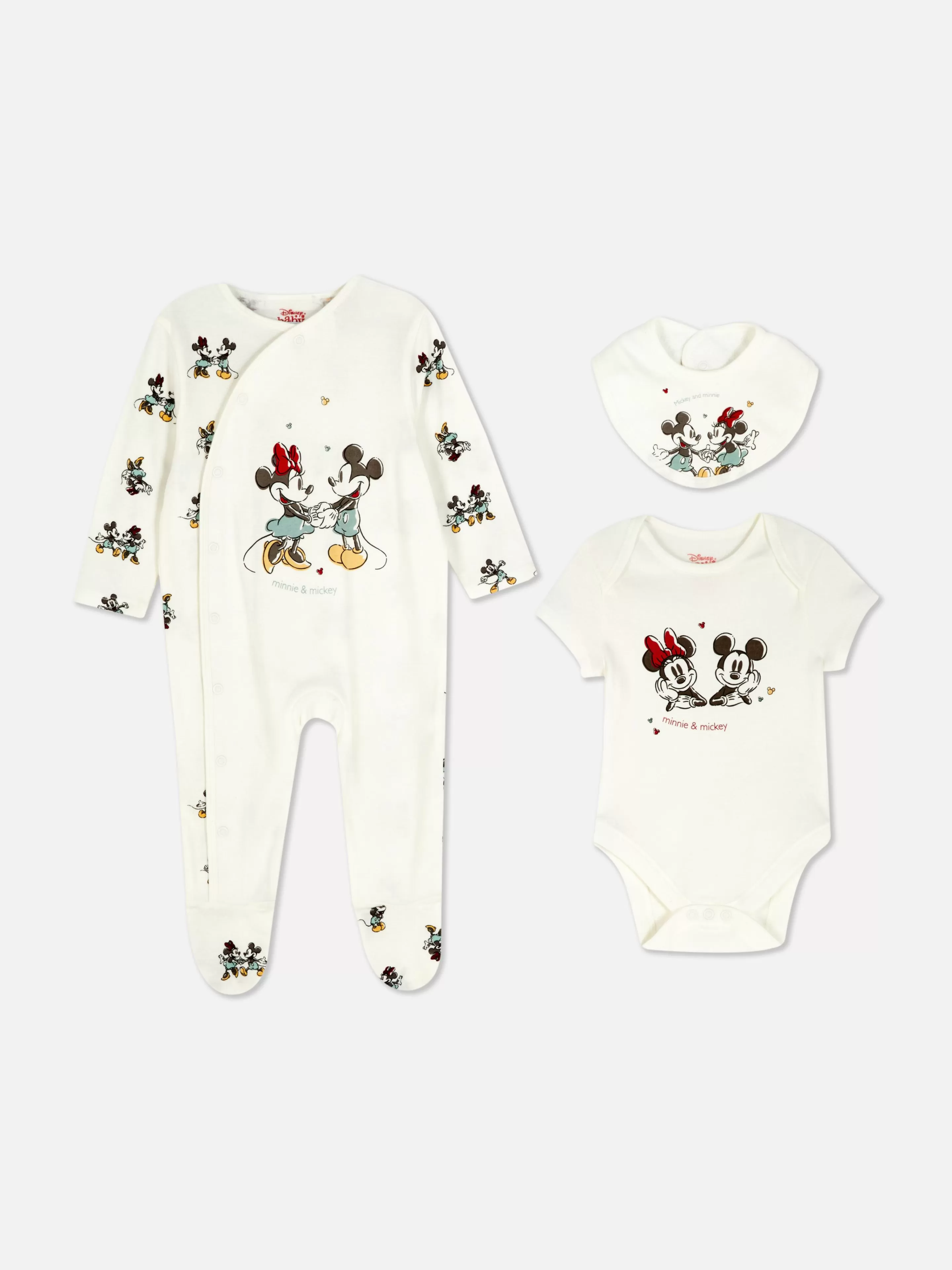 Pigiama Da Notte Carino con Stampa Topolino e Minnie - Completo Coordinato Disney per Bambini in Jersey Morbido Avorio, Include Body e Bavaglino Divertenti - Linea Notte Primark