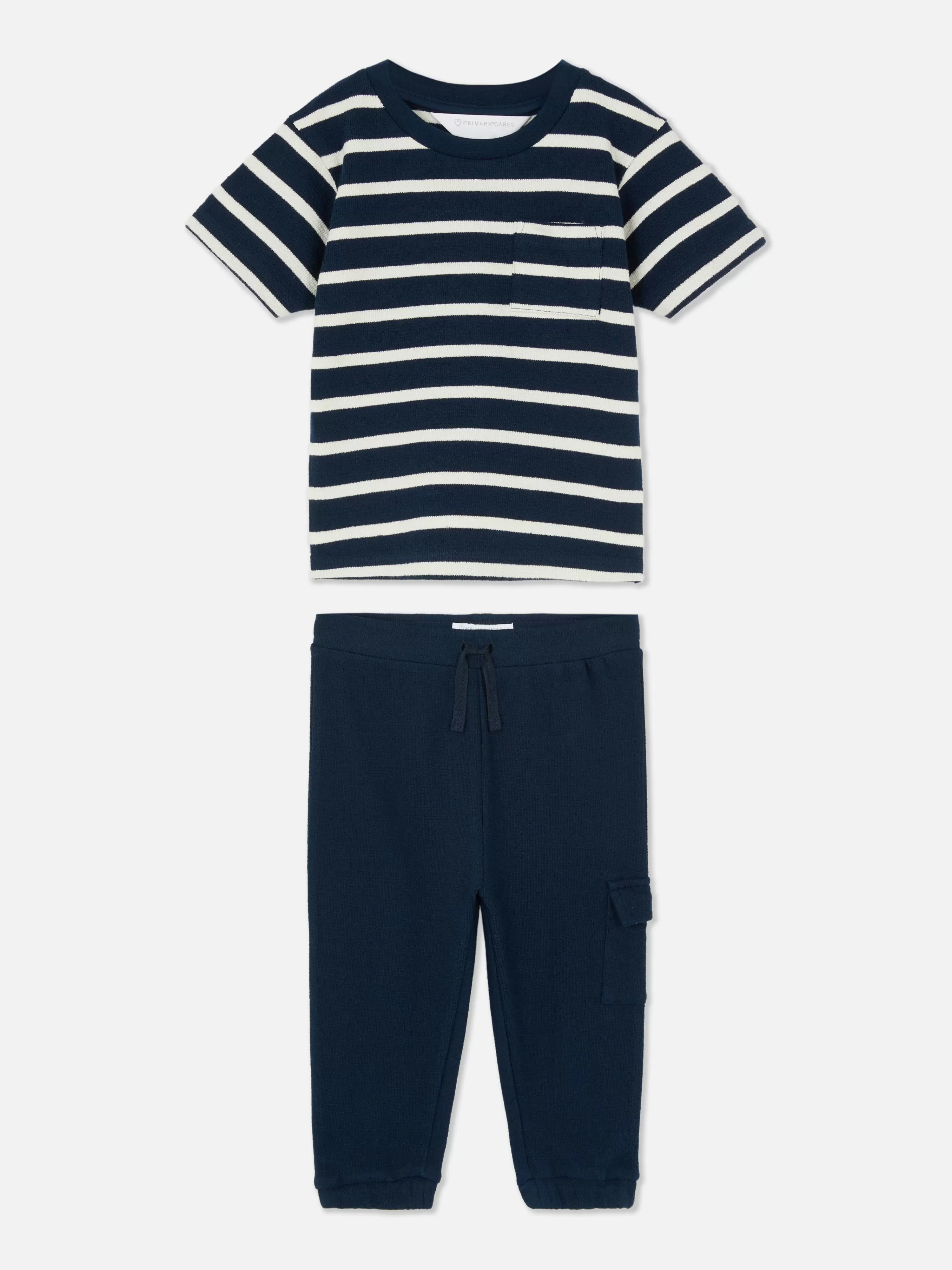 Primark Set Sportivo Comodo: Maglietta Righe e Pantaloni Tuta con Polsini Elasticizzati - Blu Scuro Intenso