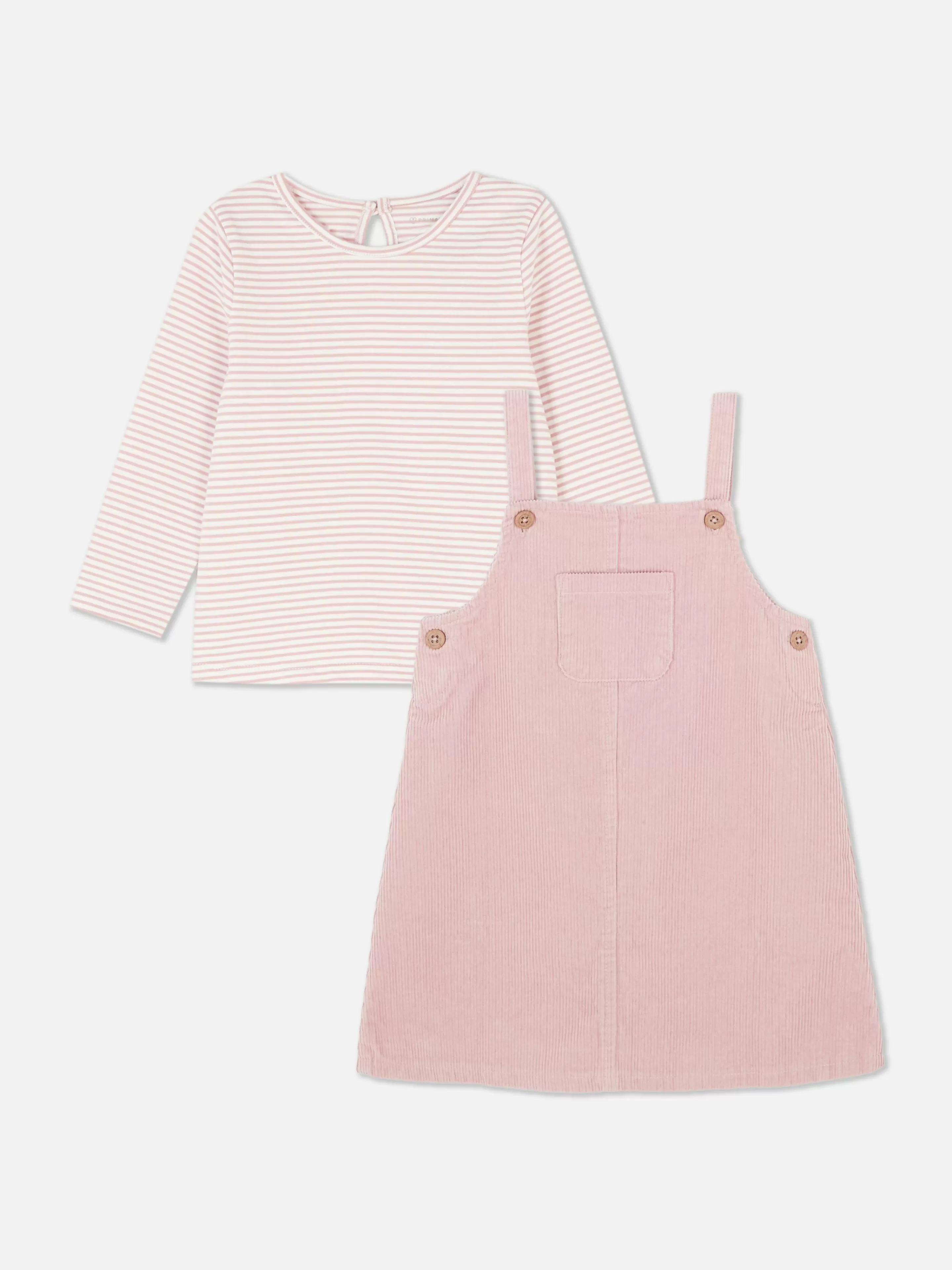 Primark Completo Maglietta a Righe con Salopette Abito Elegante in Tessuto Bombasina Rosa Chiaro - Outfit Casual Estivo