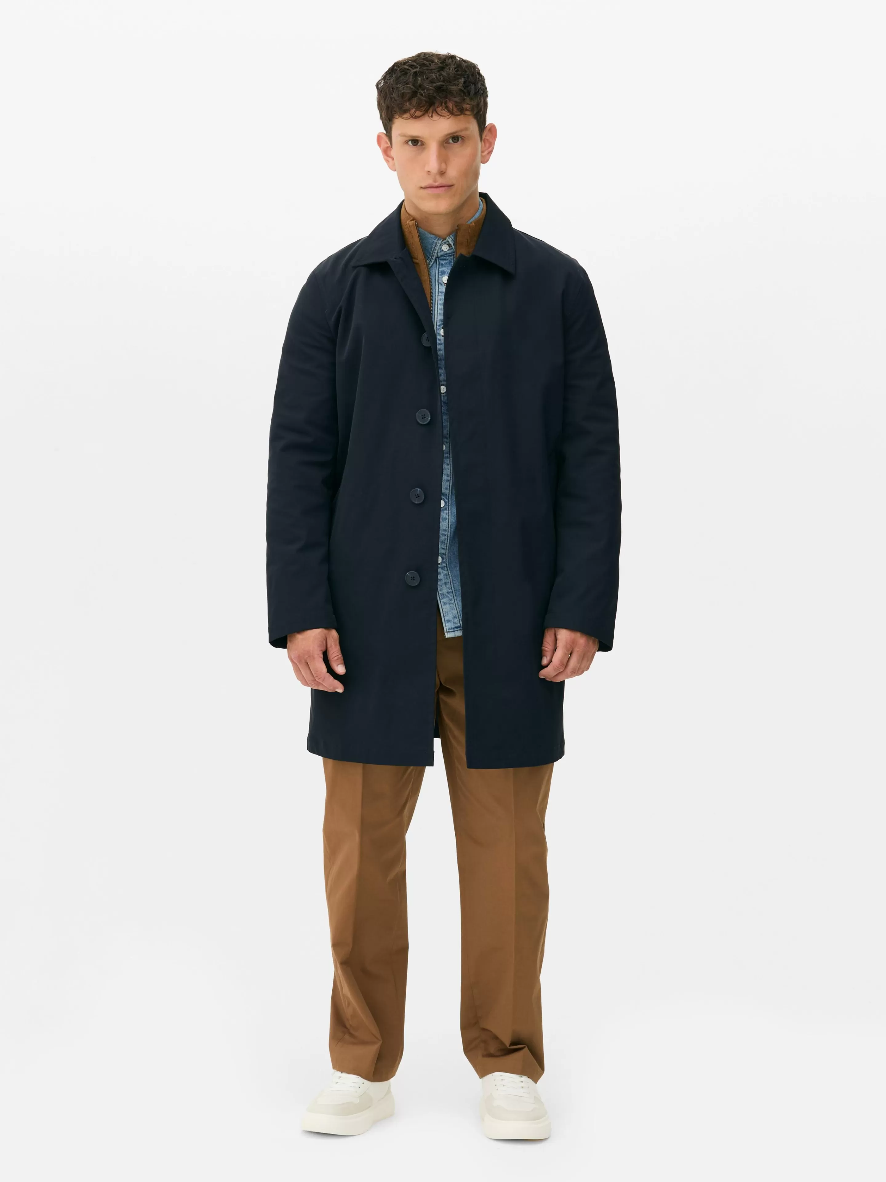 Primark Cappotto Lungo in Gabardine Classico con Cappuccio - Blu Marino Elegante per Tutte le Stagioni