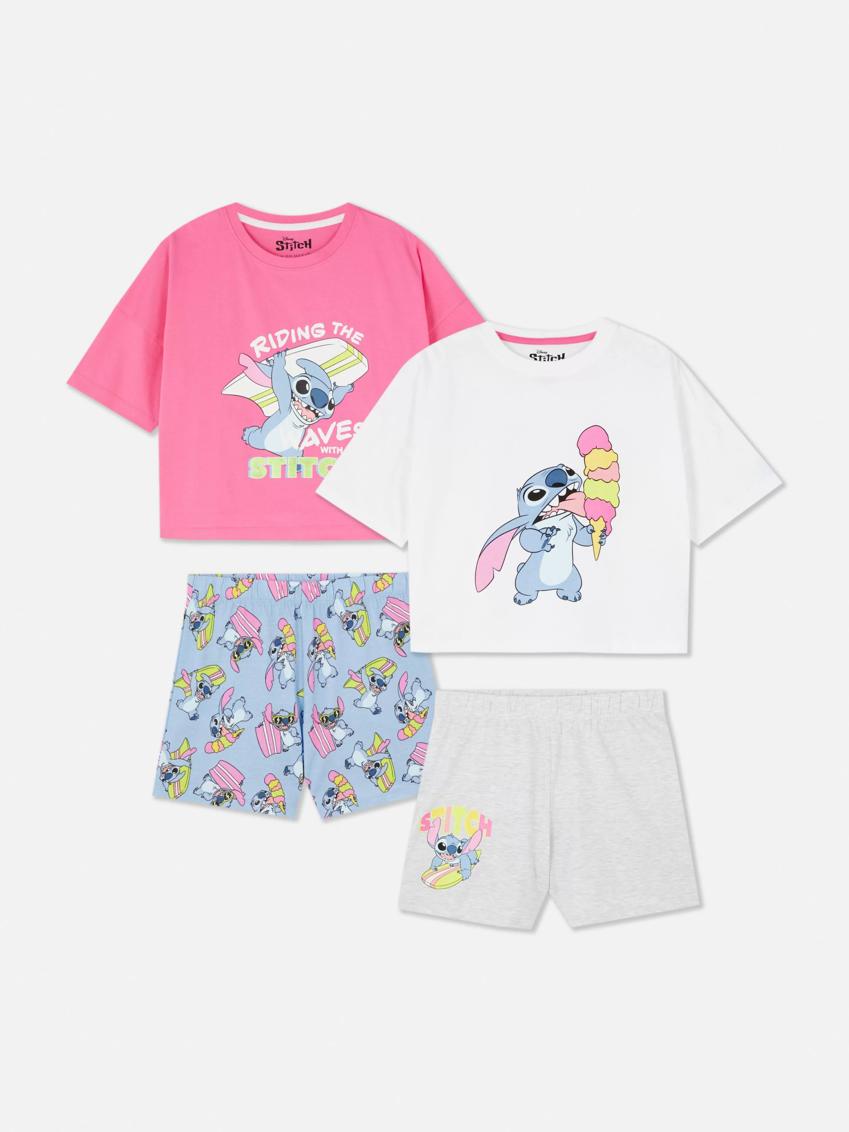Primark Pigiami Disney Lilo e Stitch - Confezione da 2 Completi Notte in Cotone con Manica Corta, Tema Tropicale Bianco e Blu