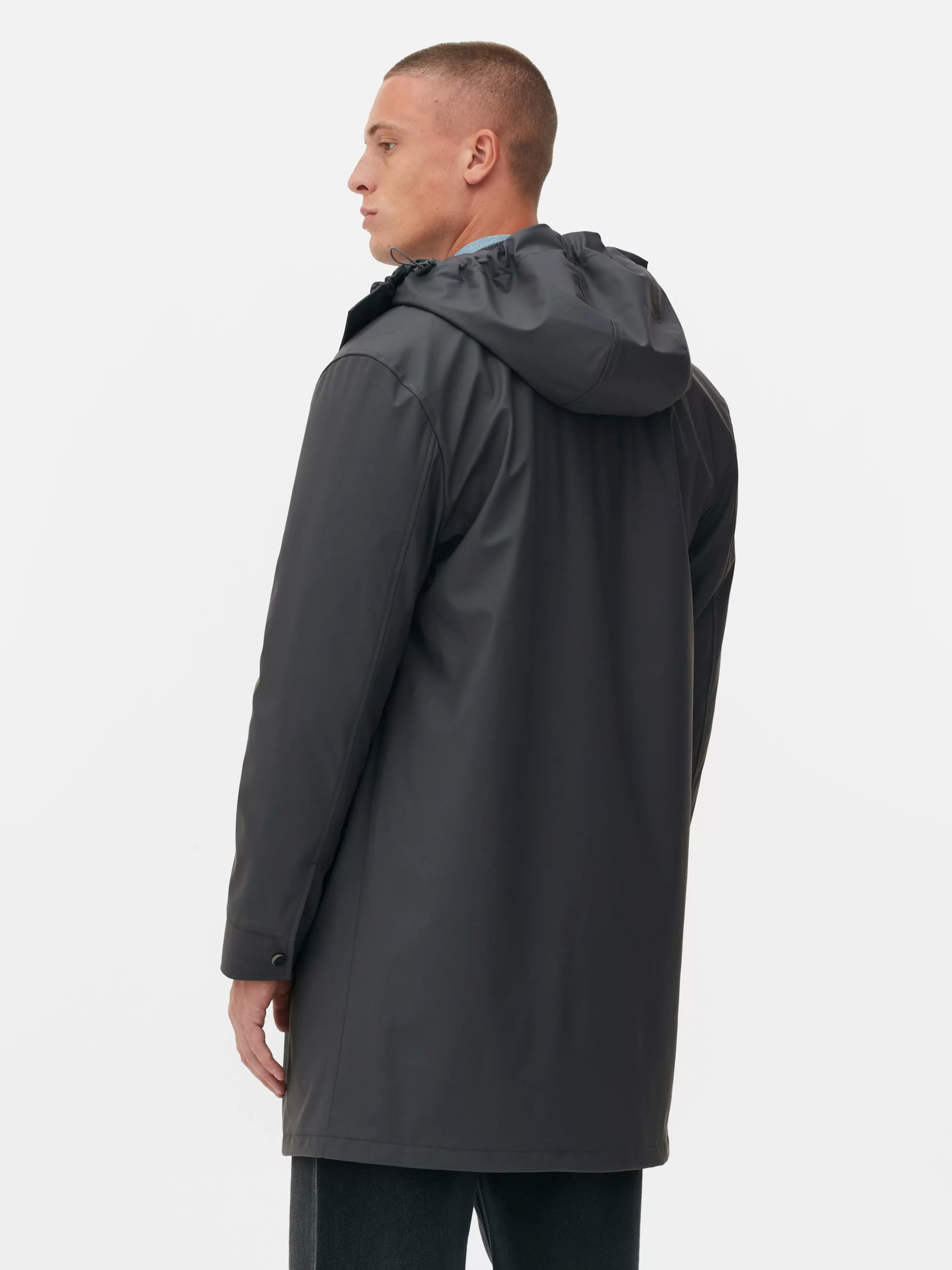 Primark - Giacca Parka Impermeabile con Cappuccio, Trama Effetto Gomma in Grigio Antracite per Stile Urbano
