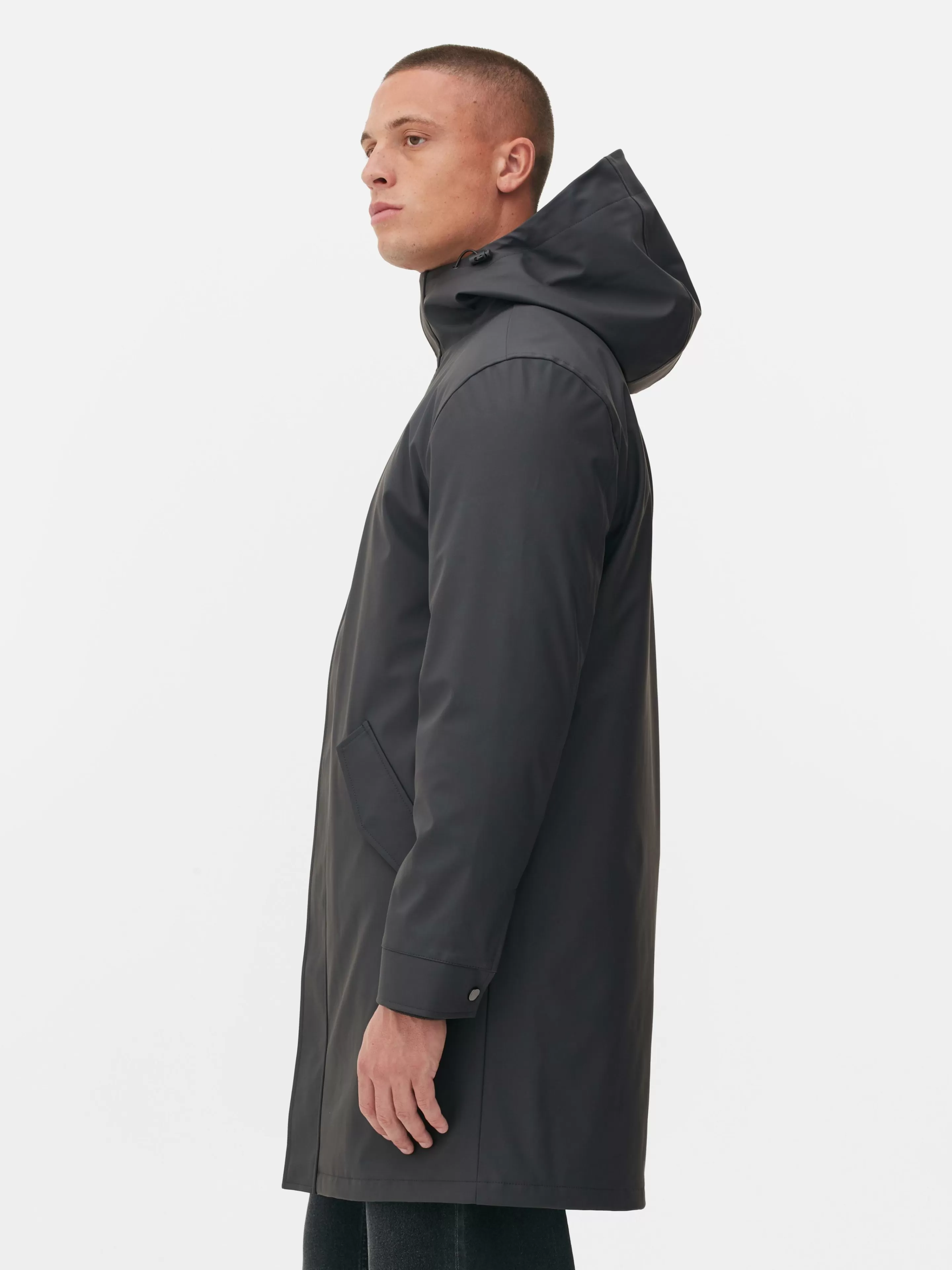 Primark - Giacca Parka Impermeabile con Cappuccio, Trama Effetto Gomma in Grigio Antracite per Stile Urbano