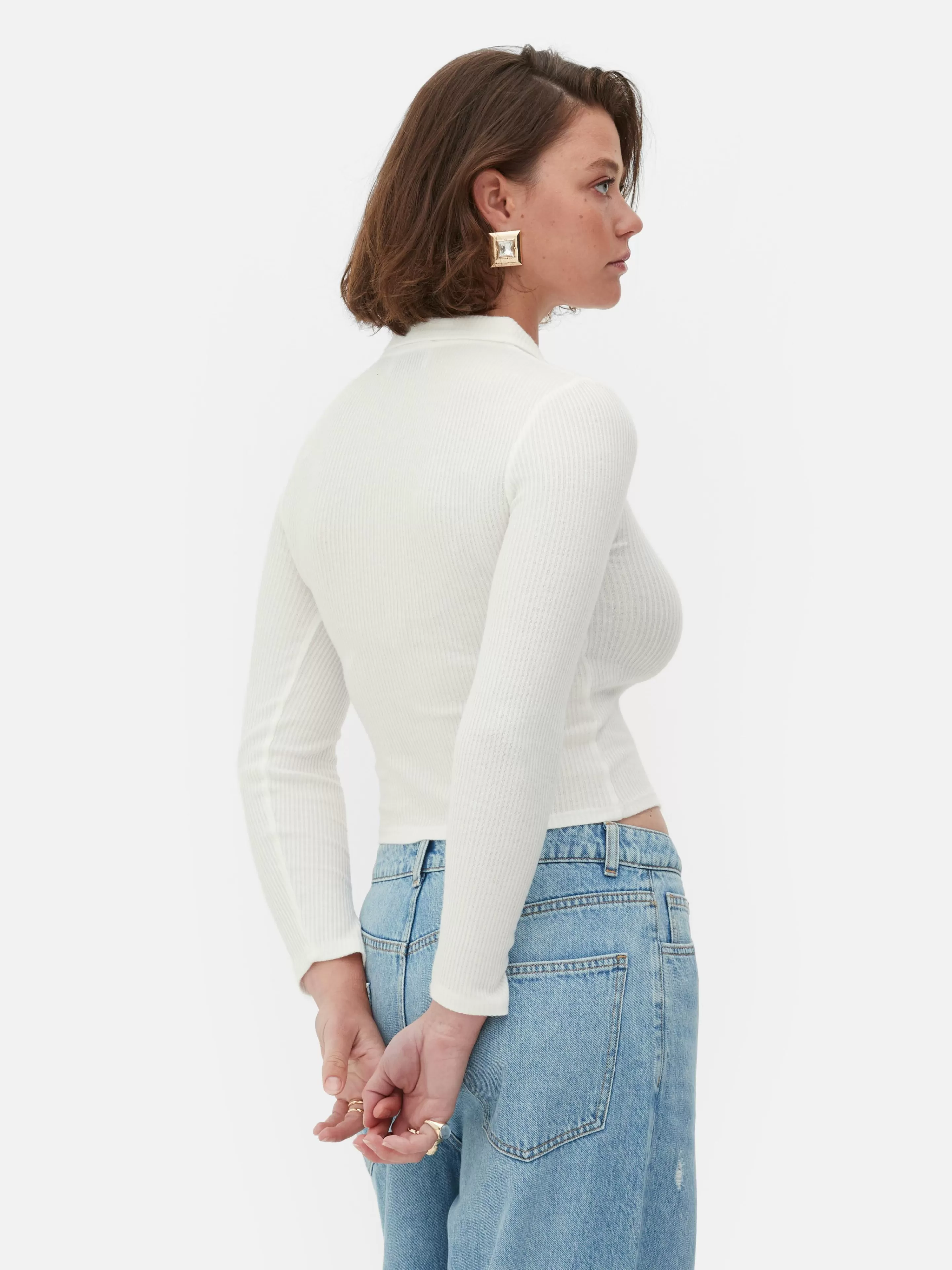 Primark - Collezione Invernale Rita Ora: Polo a Coste con Maniche Lunghe in Tinta Avorio