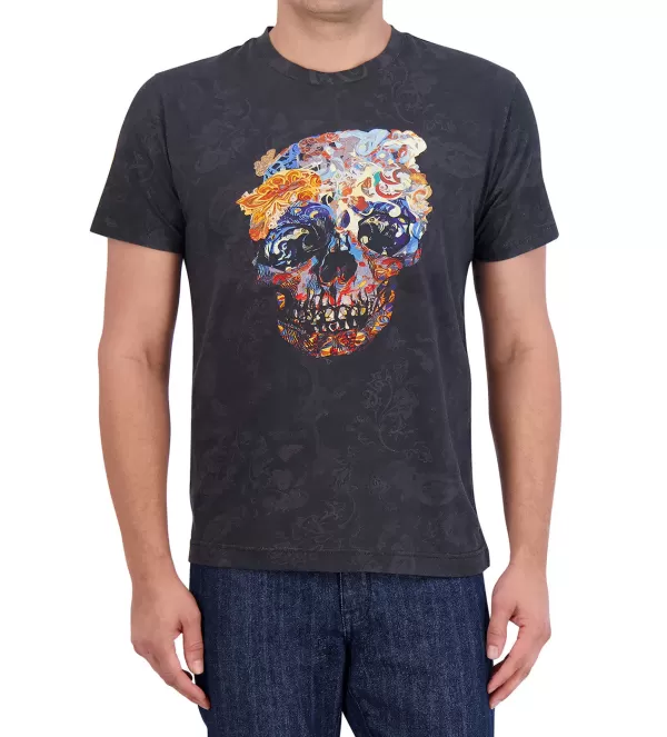 Maglietta Uomo Manica Corta Robert Graham - Stampa Artistica Teschi con Motivi Floreali, Design Esclusivo