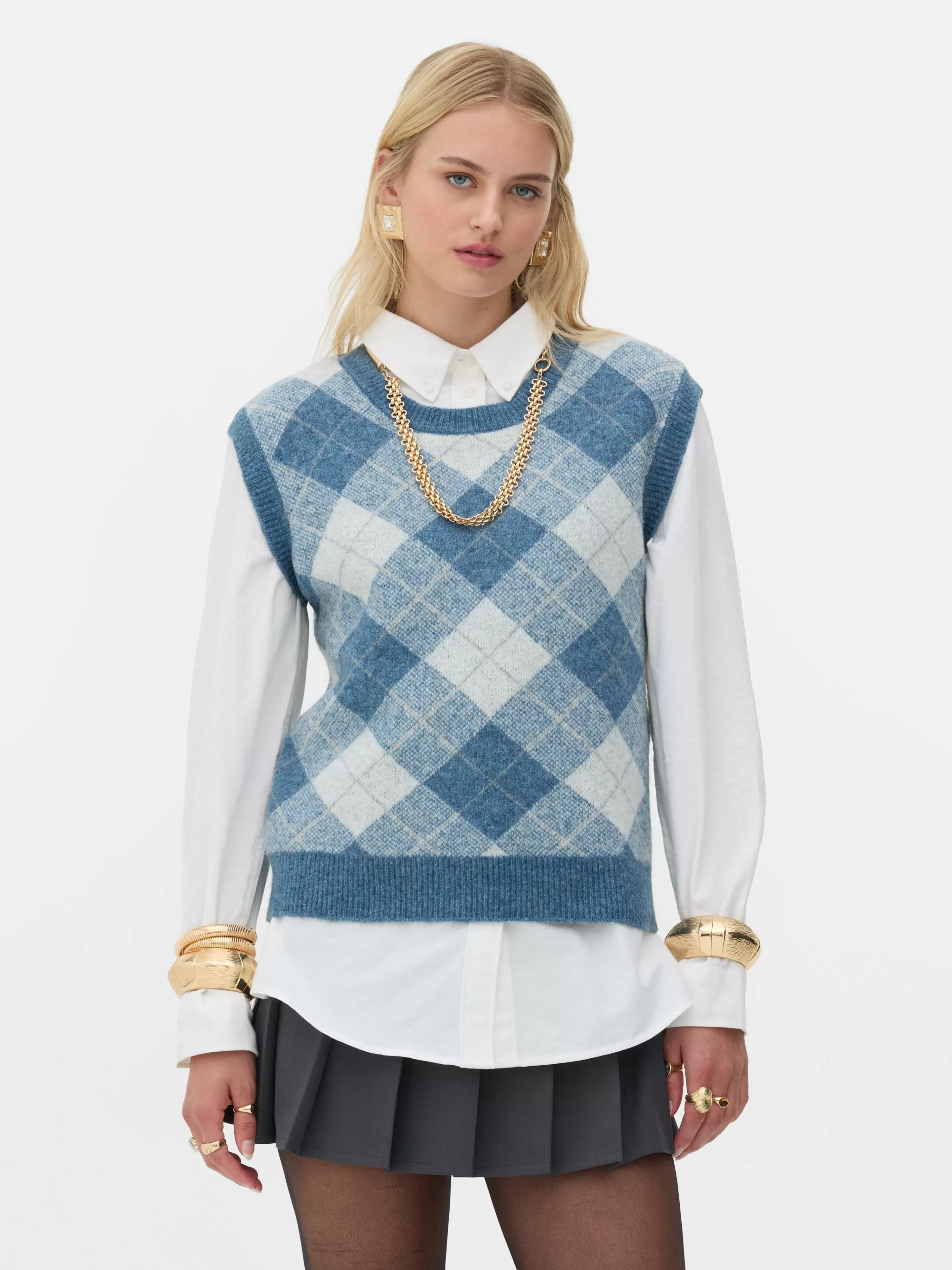 Primark x Rita Ora - Completo Inverno in Maglia con Motivo Argyle, Top Senza Maniche e Giacchina Blu