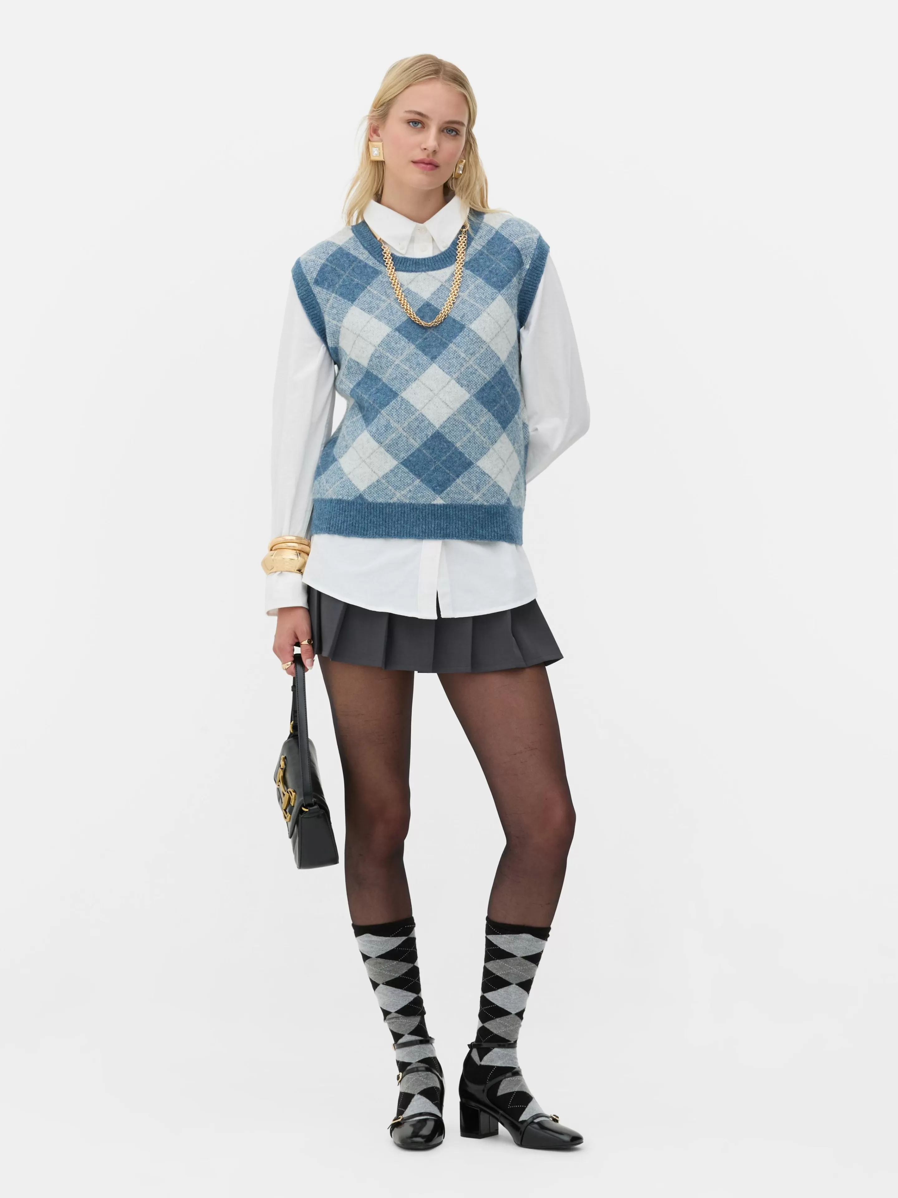 Primark x Rita Ora - Completo Inverno in Maglia con Motivo Argyle, Top Senza Maniche e Giacchina Blu