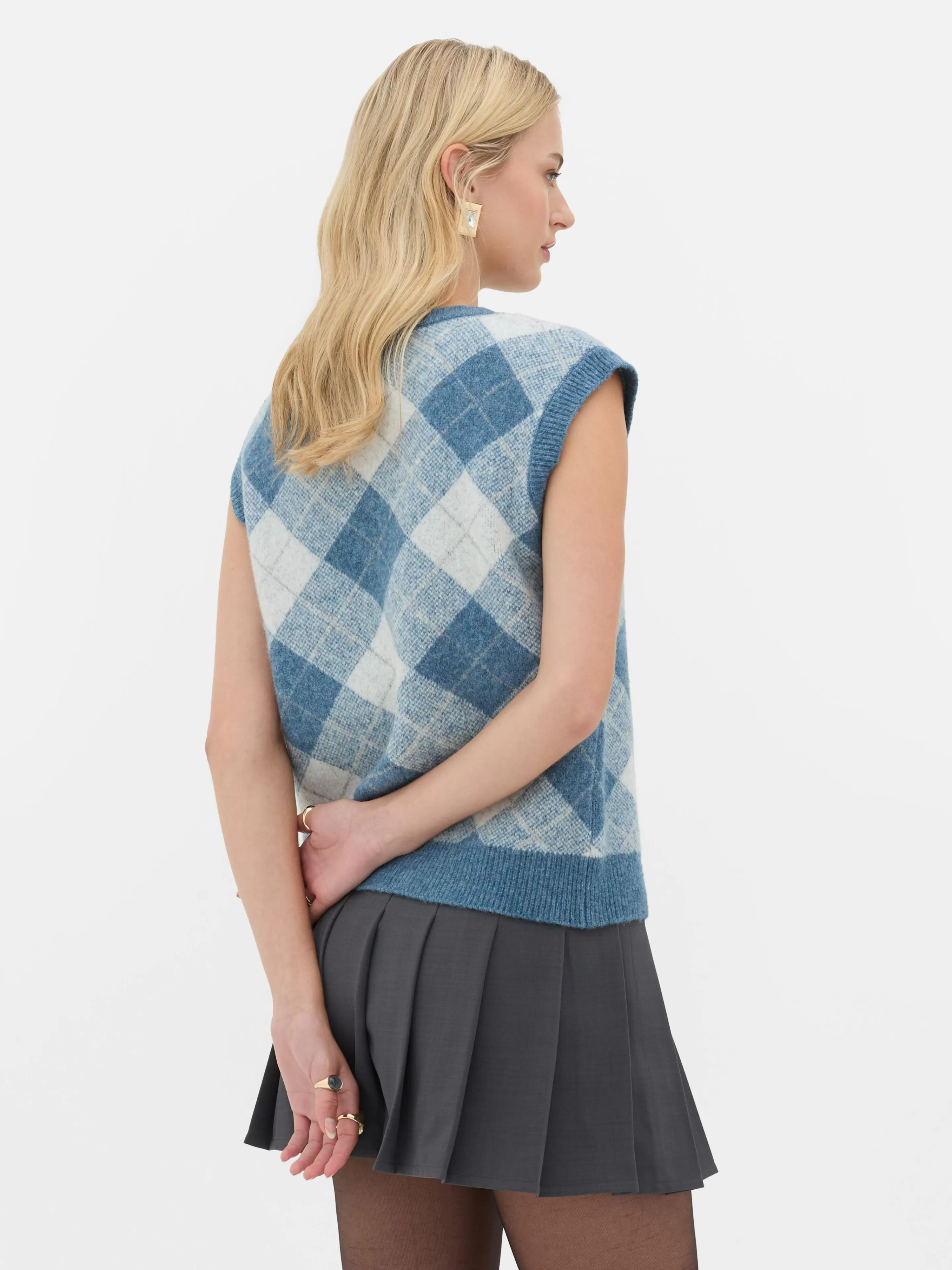 Primark x Rita Ora - Completo Inverno in Maglia con Motivo Argyle, Top Senza Maniche e Giacchina Blu