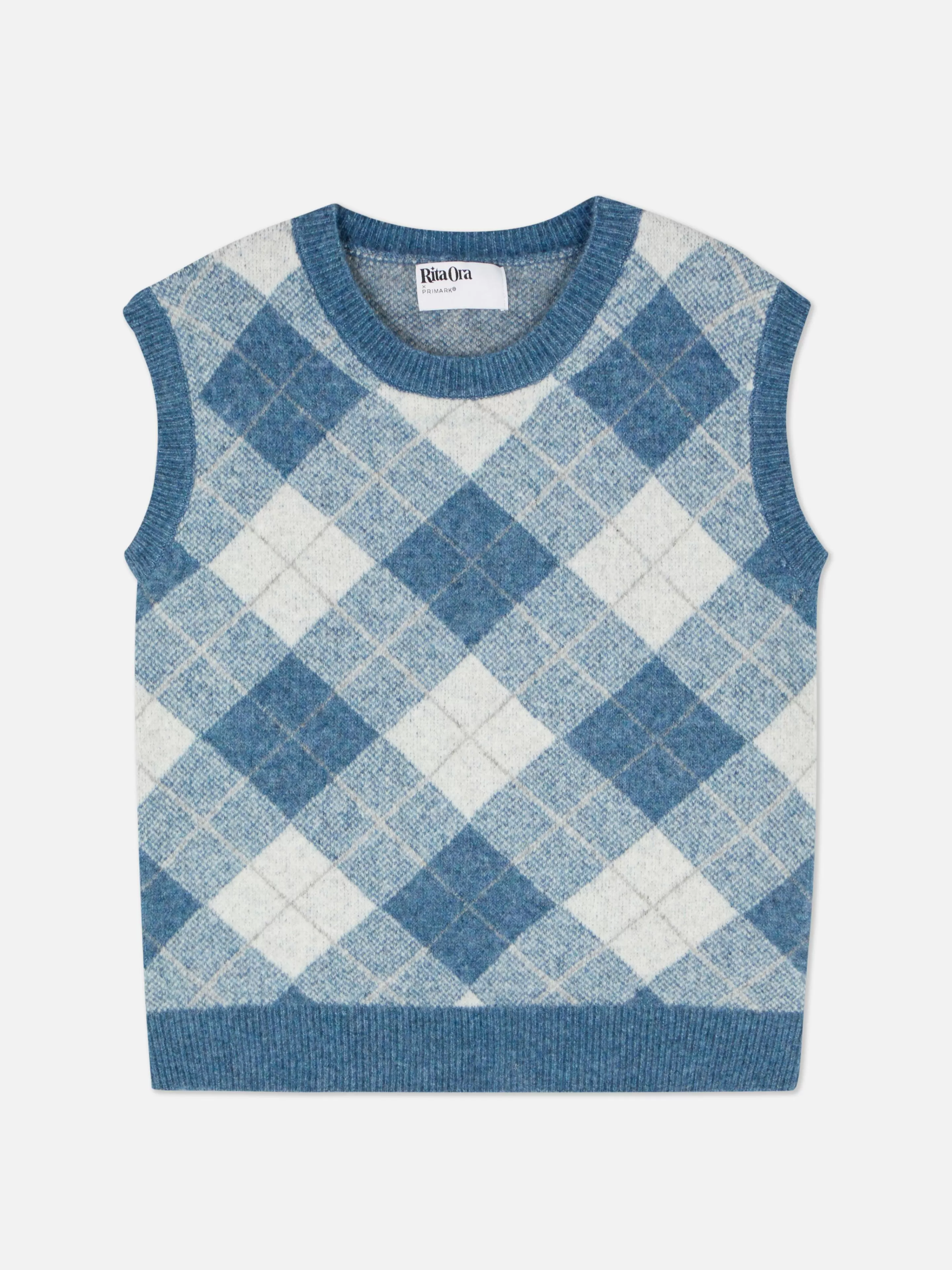 Primark x Rita Ora - Completo Inverno in Maglia con Motivo Argyle, Top Senza Maniche e Giacchina Blu