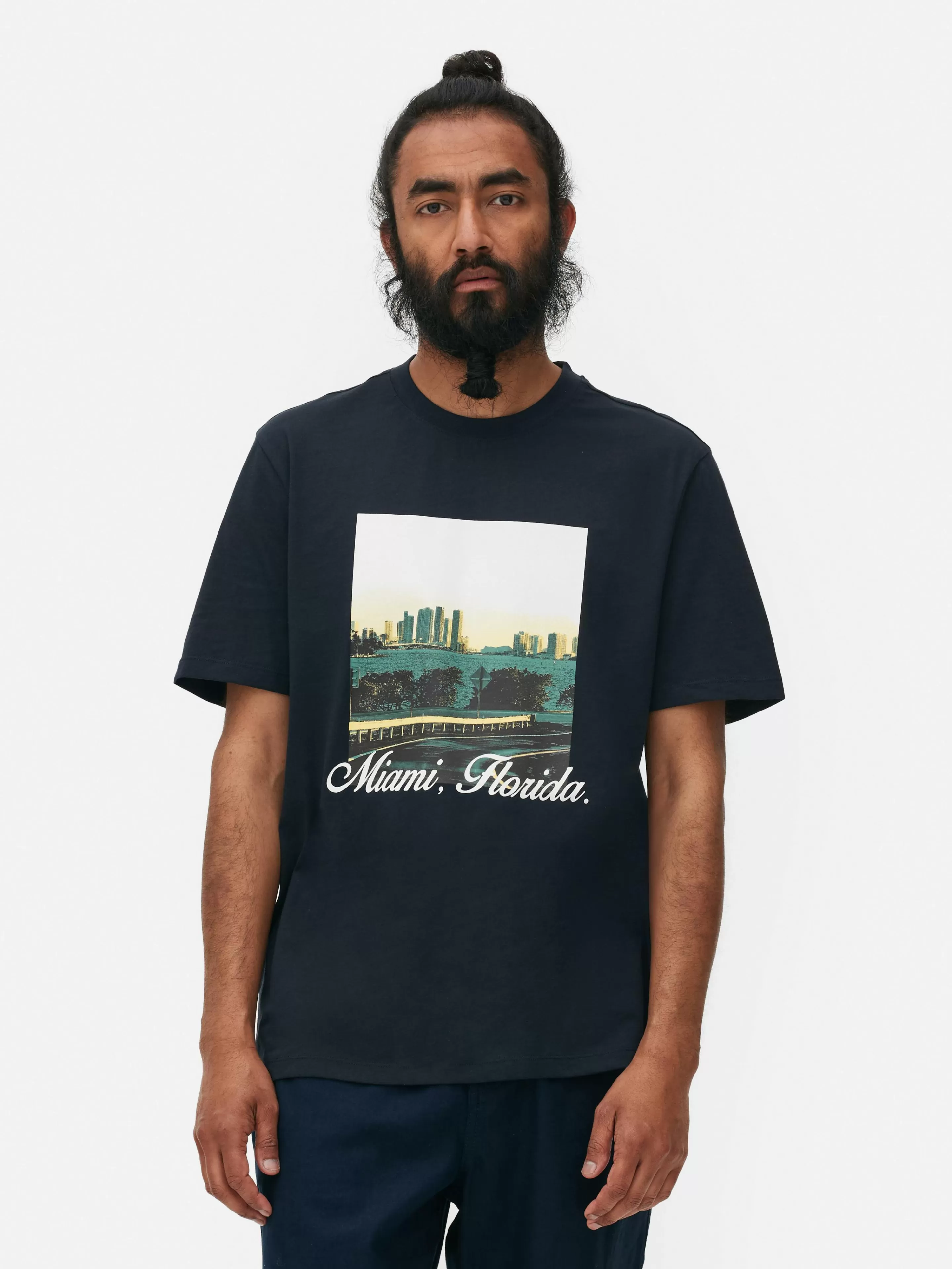 Maglietta Uomo Primark Stampa Miami Florida - Blu Navy Confortevile per Stile Casual - T-Shirt & Top Estate 2024