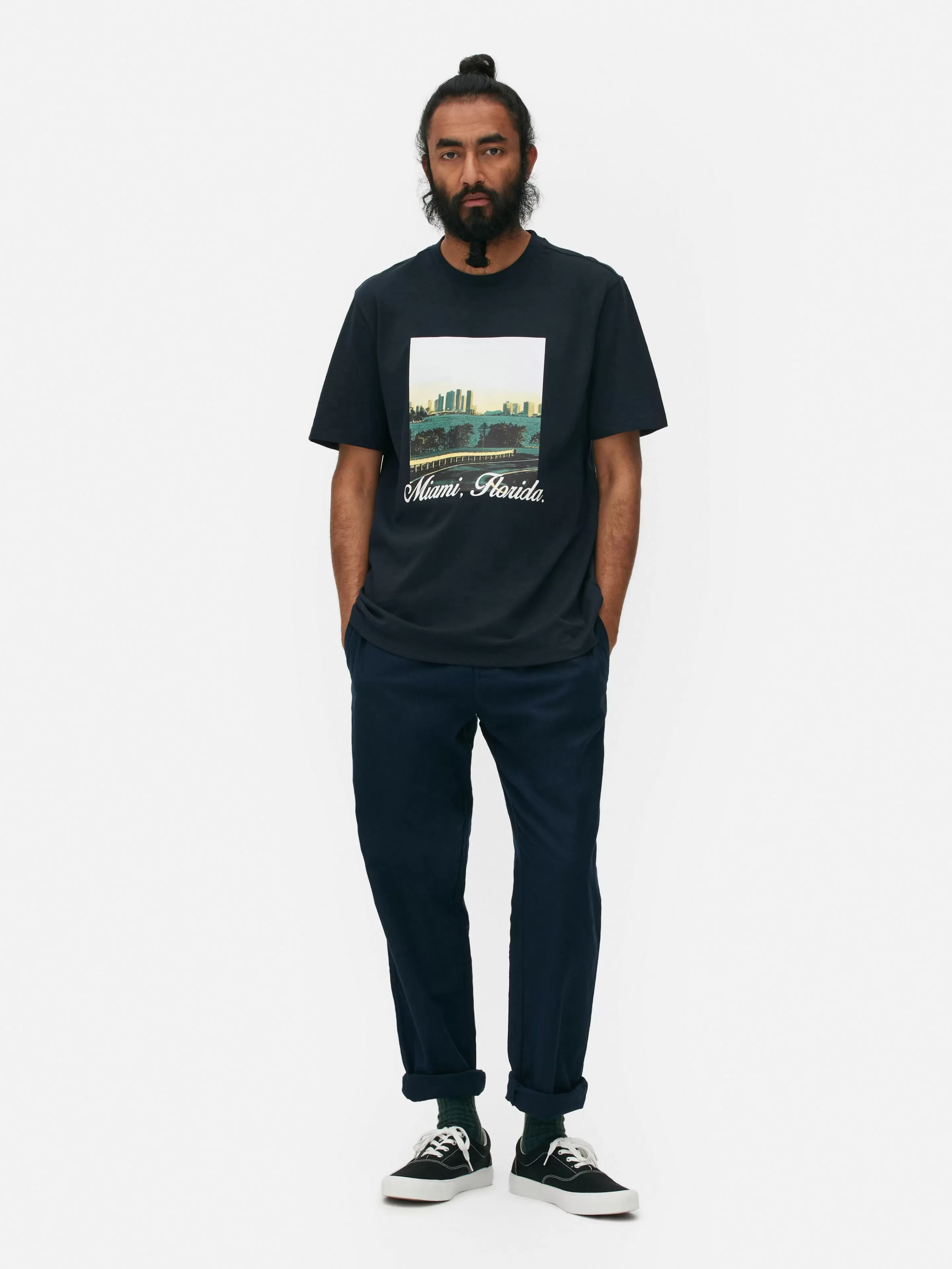 Maglietta Uomo Primark Stampa Miami Florida - Blu Navy Confortevile per Stile Casual - T-Shirt & Top Estate 2024