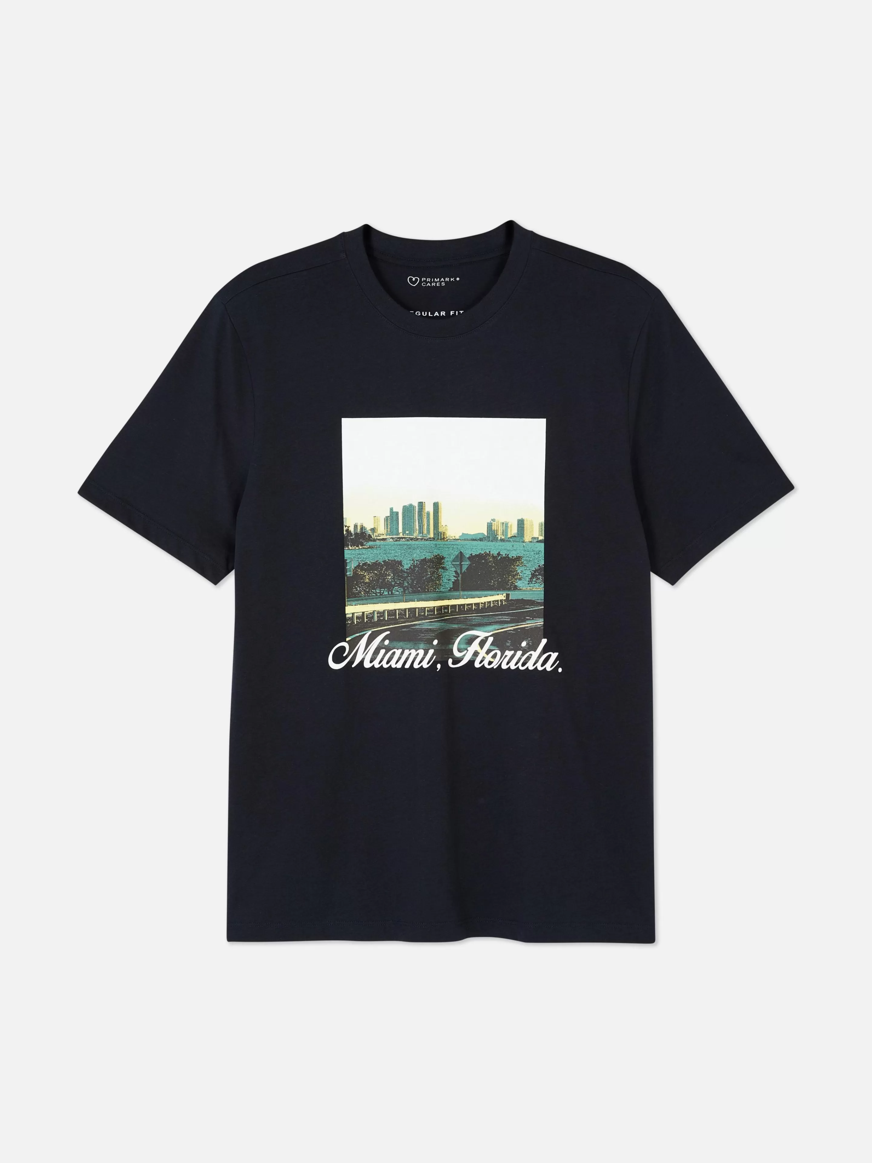 Maglietta Uomo Primark Stampa Miami Florida - Blu Navy Confortevile per Stile Casual - T-Shirt & Top Estate 2024