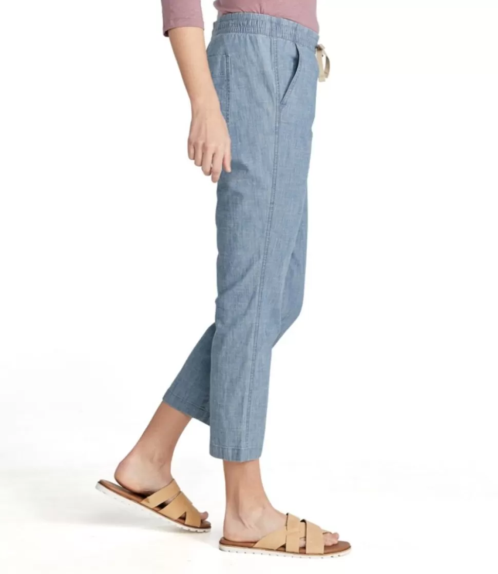 Pantaloni Chino Donna Lavaggio Lago con Elastico in Vita Media e Tessuto Chambray alla Caviglia