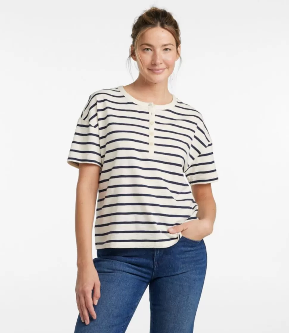 Maglietta Donna Iconica in Cotone Slub con Collo Henley e Dettagli Unici, Manica Corta Casual per Stagione Estiva